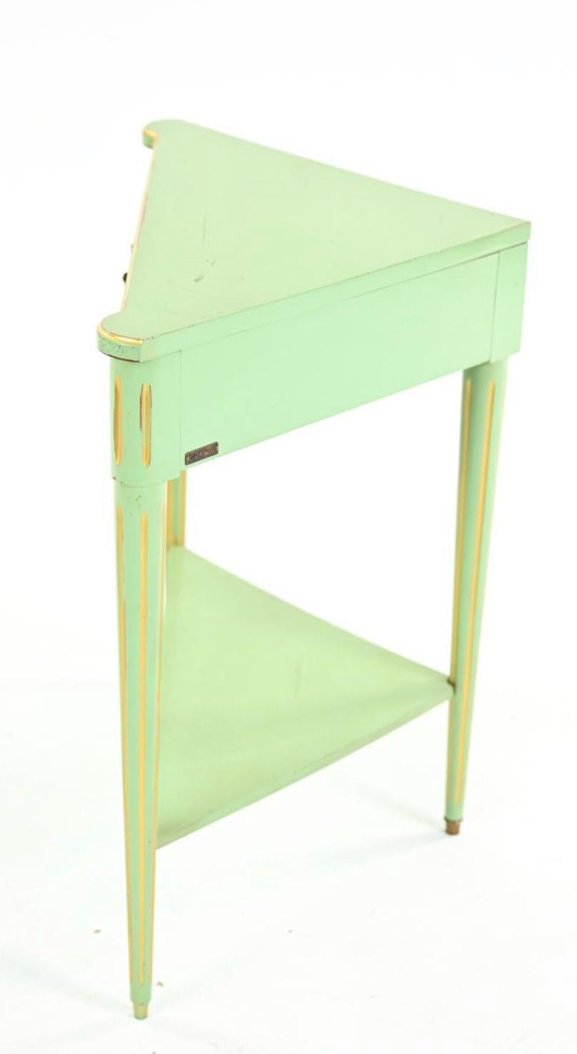 French Provincial Custom Green Grange Triangular Table, Corner Console, France  For Sale 1