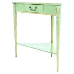 French Provincial Custom Green Grange Triangular Table, Corner Console, France