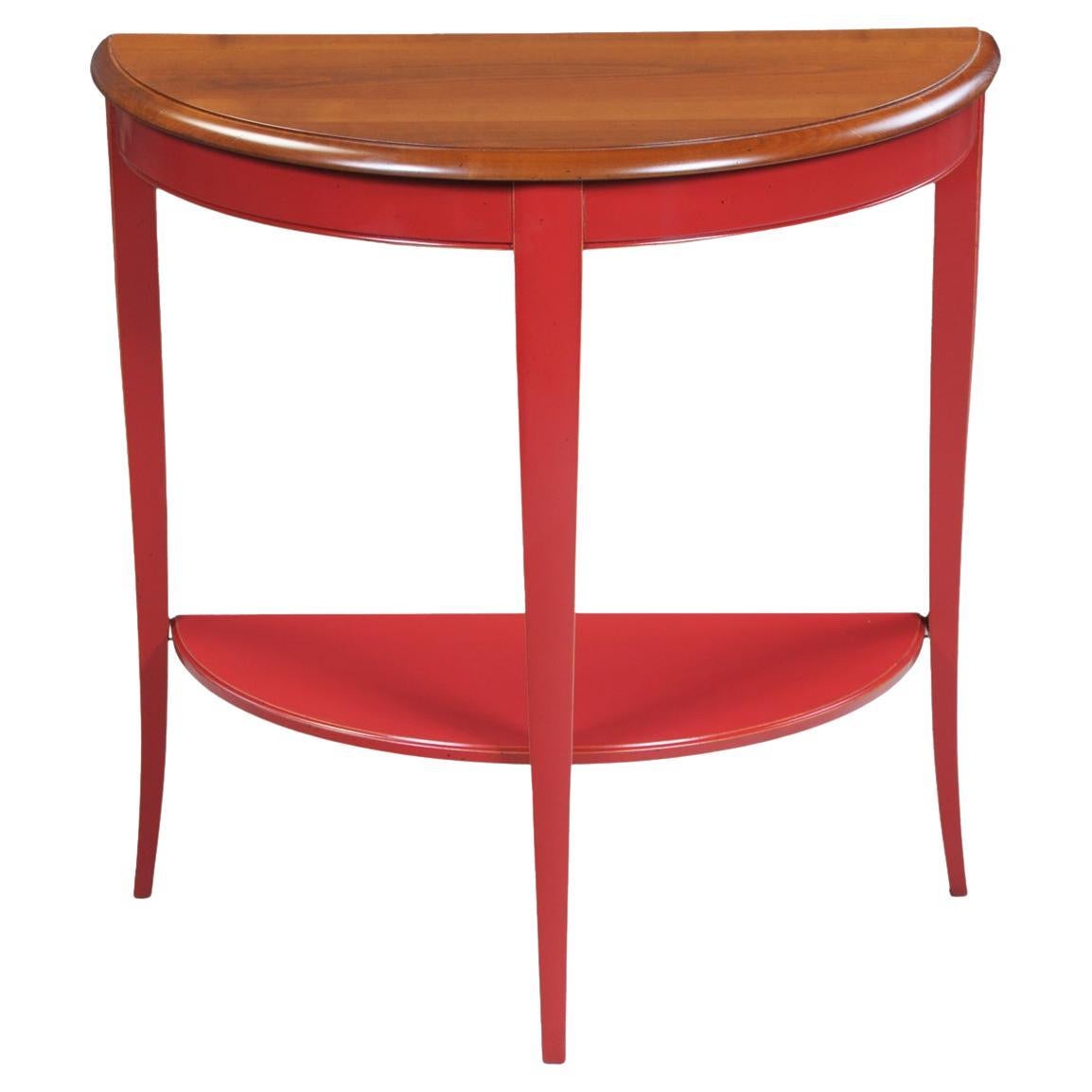 French provincial demi-lune console table in solid cherry,  poppy red lacquered For Sale