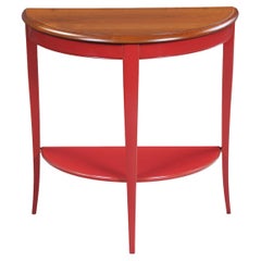 Table console provinciale française demi-lune en cerisier massif  rouge coquelicot laqué