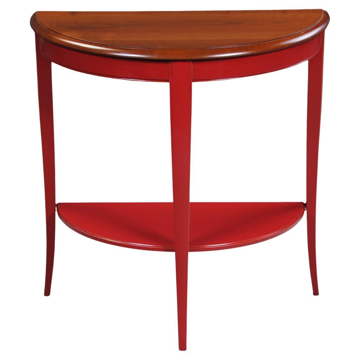 French provincial demi-lune console table in solid cherry,  red lacquered For Sale