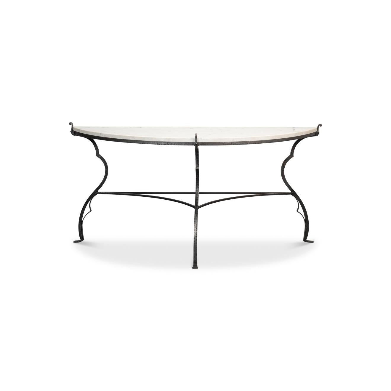 Blending Old-World craftsmanship with refined luxury. The hand-forged iron base features elegant curves, while the smooth marble top adds a sophisticated contrast.

Perfect for entryways or living spaces, its demi-lune silhouette provides an airy
