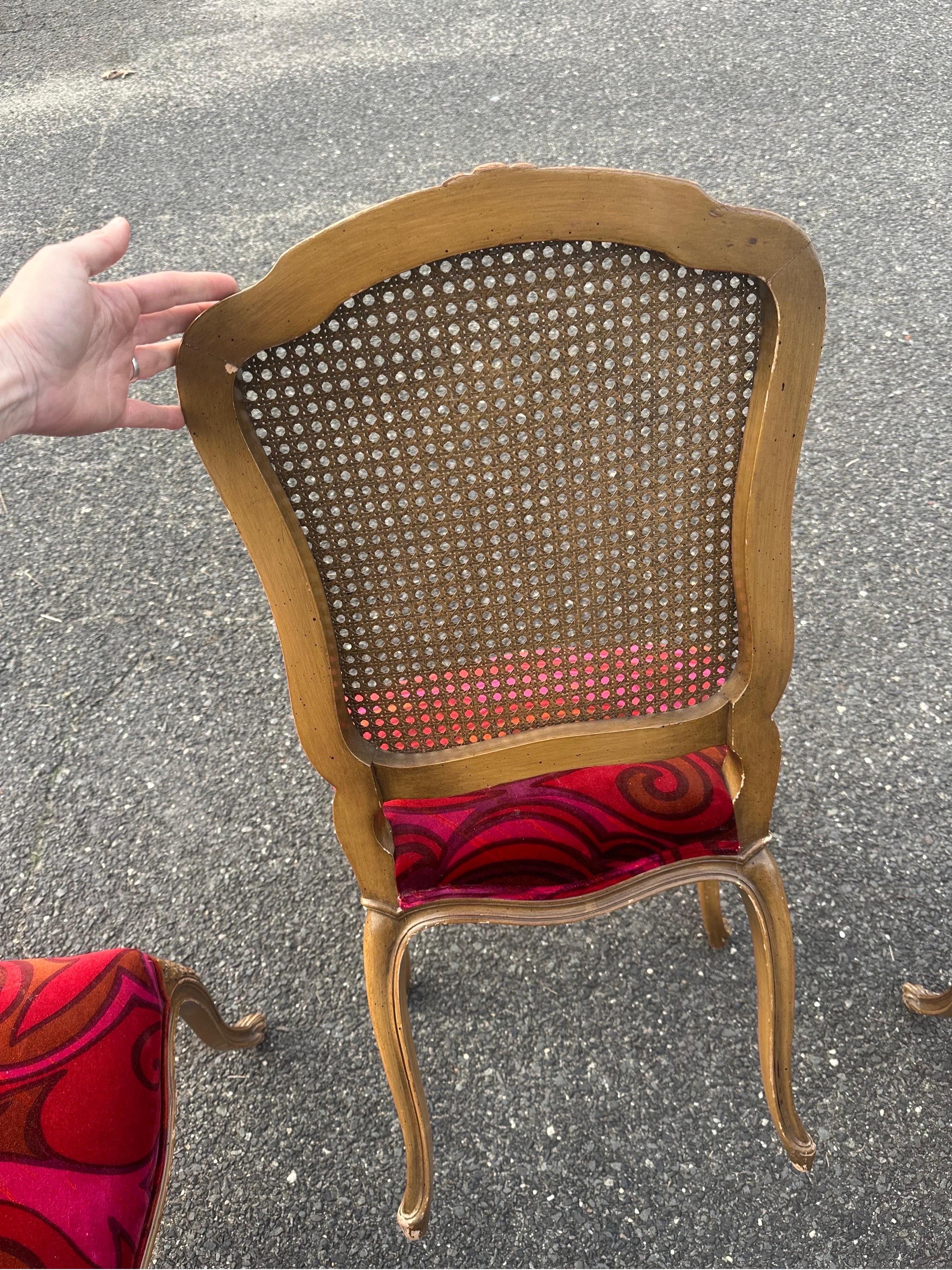 Wood French provincial dining chairs upholstered in Jack lenor larsen For Sale