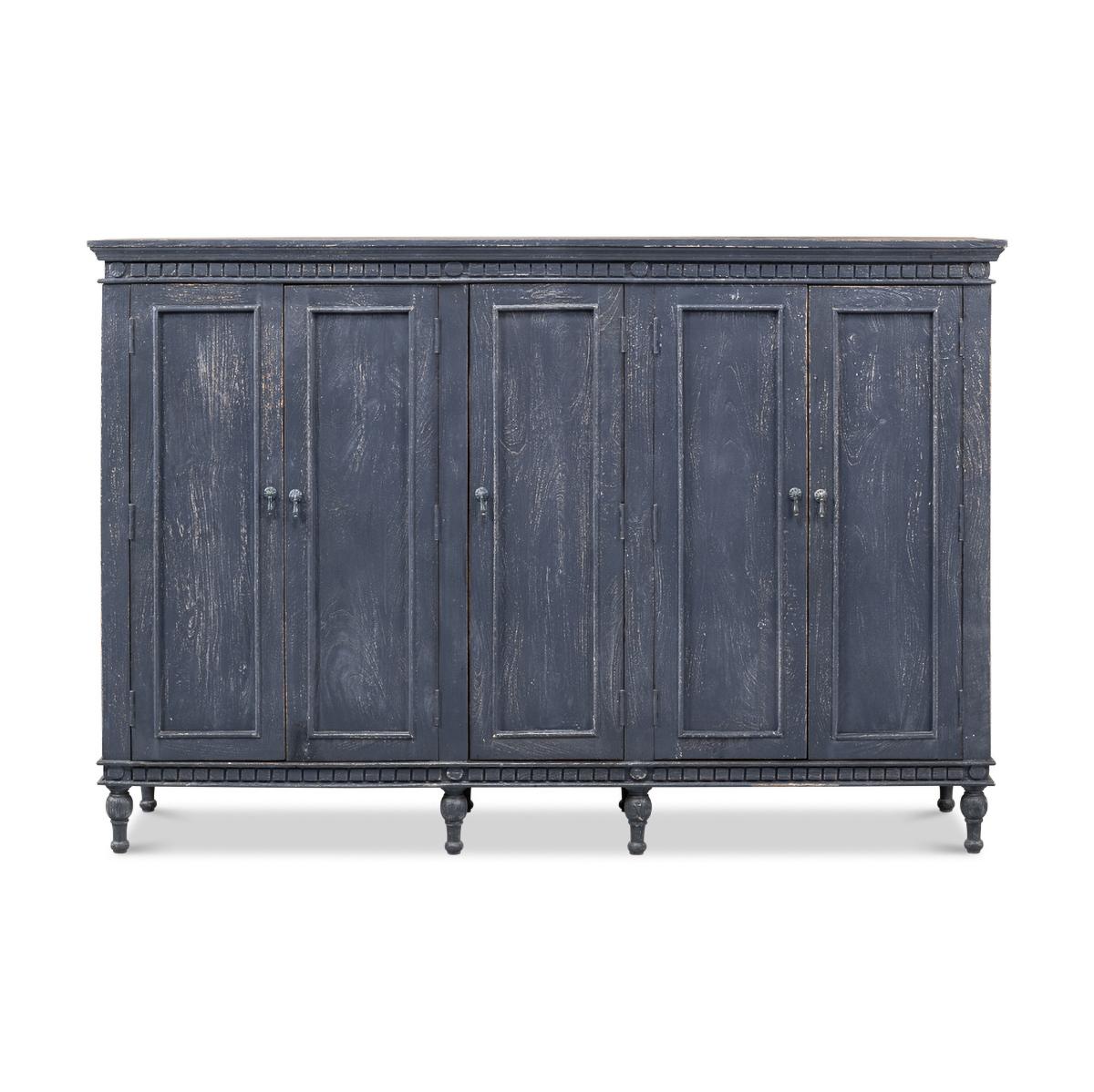 French Provincial Directoire Style Chateau blue painted credenza. This five-door sideboard is unique in the fact that it is generous at 79