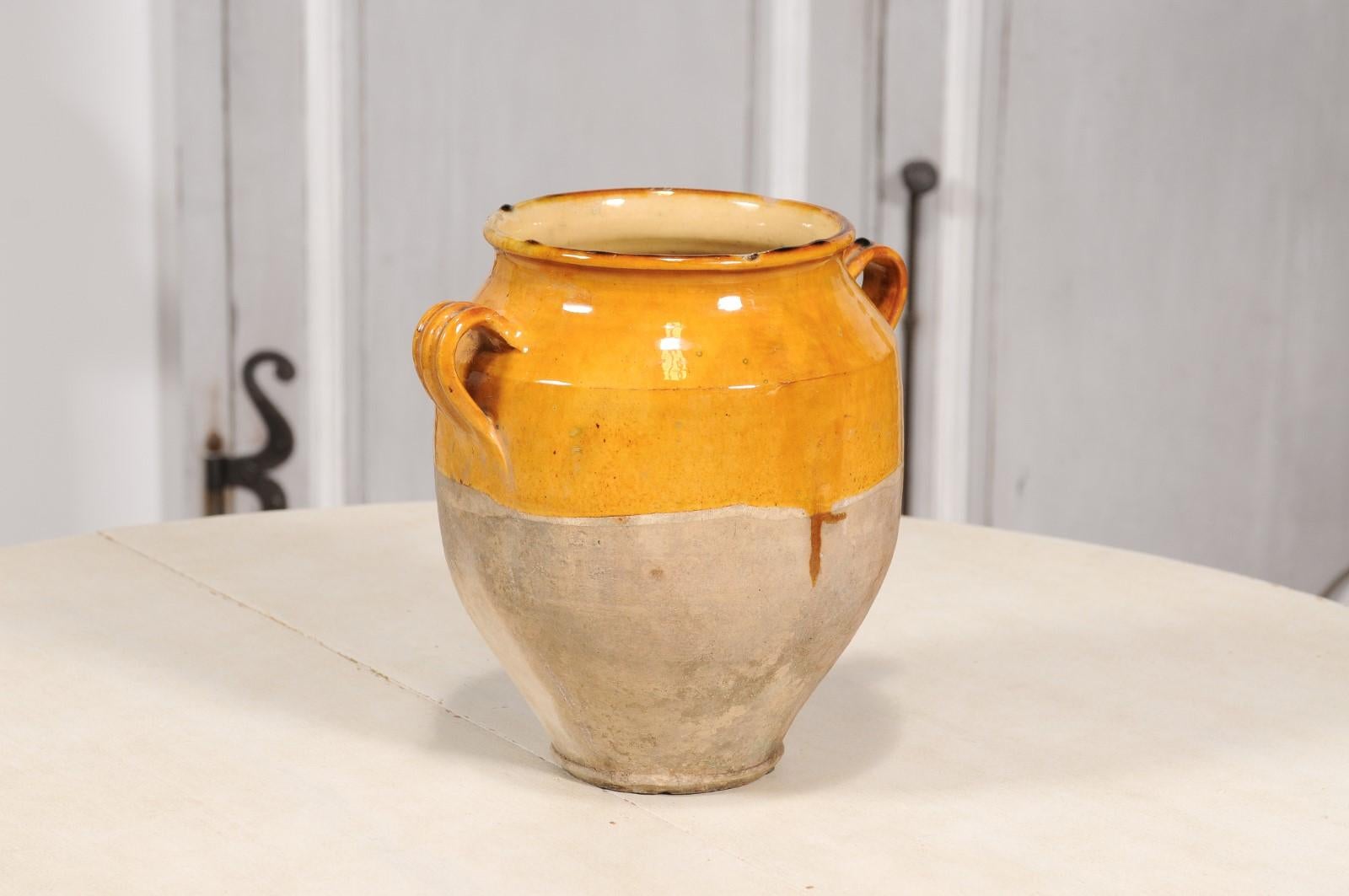Glazed French Provincial Double Handled Pot à Confit with Yellow Glaze, 19th Century