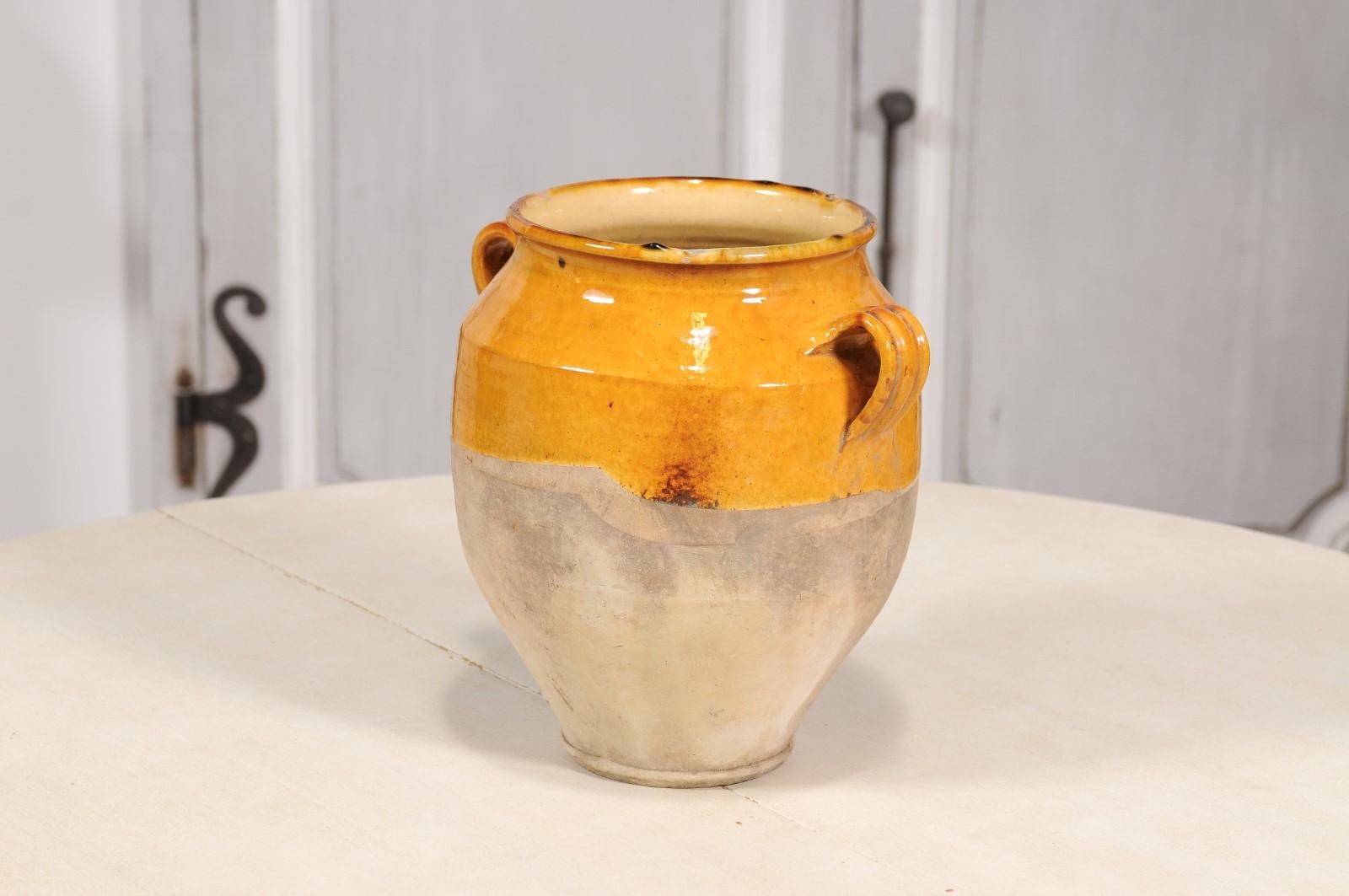 Pottery French Provincial Double Handled Pot à Confit with Yellow Glaze, 19th Century