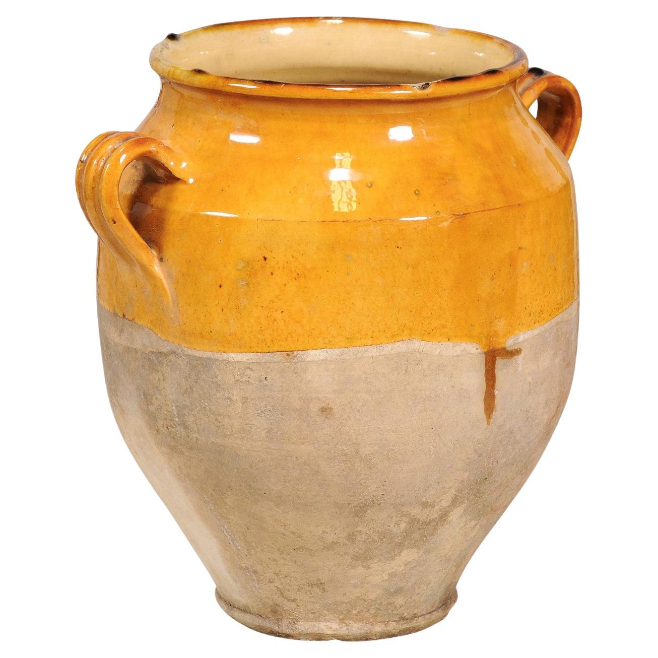 French Provincial Double Handled Pot à Confit with Yellow Glaze, 19th Century
