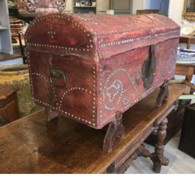 Leather French Provincial Dowry Chest, Toile De Jouy Lined, Early 19th-Late 18th Century