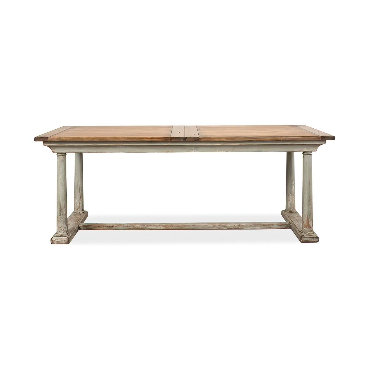 French Provincial Extension dining table with a draw leaf top, self-storing leaves on a sage-painted trestle end stretcher base.

Dimensions:
Open - 120