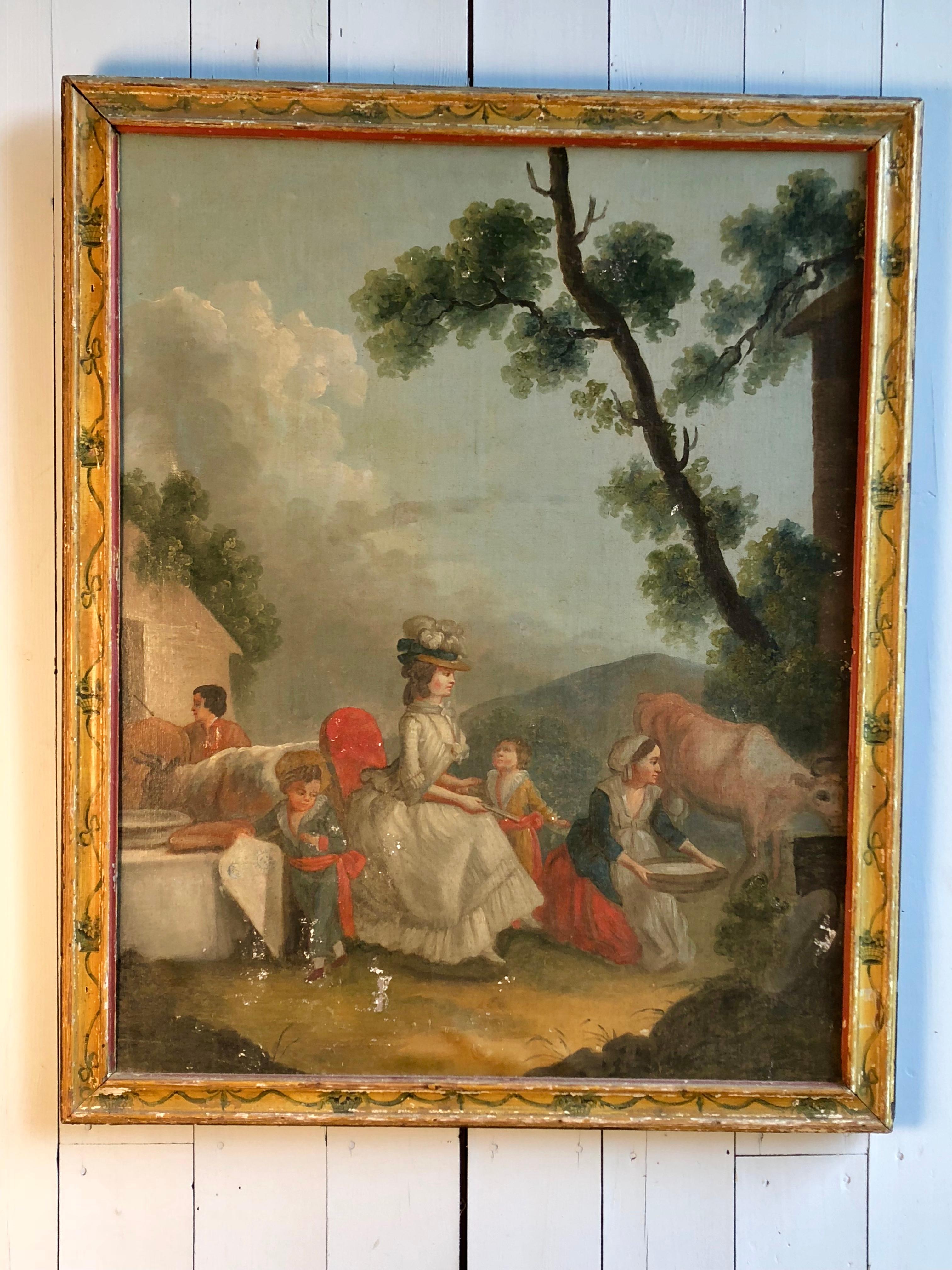 A charming 18th Century French Provincial farm scene of Marie Antoinette at the “Petite Hameau” at Versailles. She is depicted sitting amongst children playing, farm animals and milk maids. The frame is painted yellow with green flower baskets and
