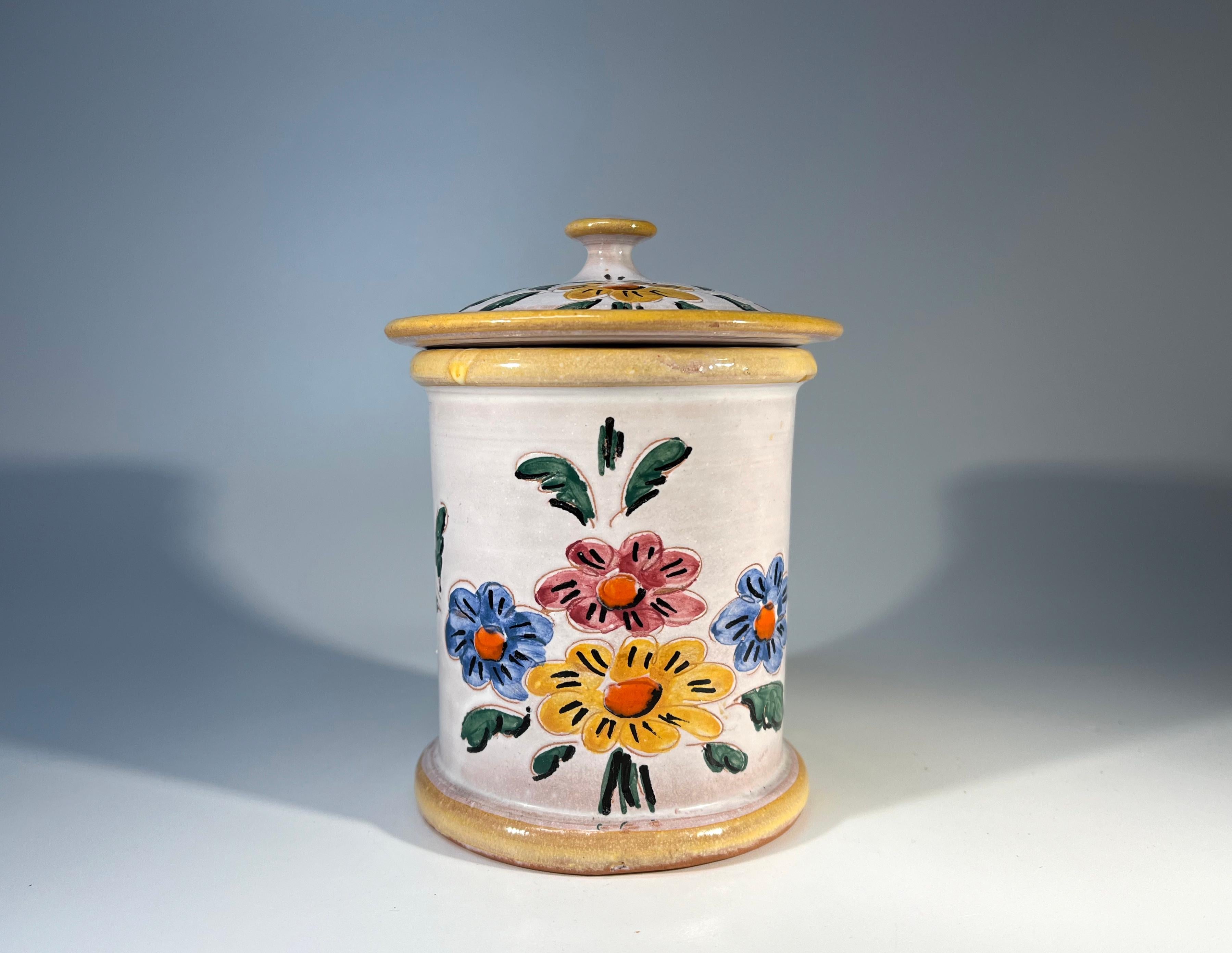 Mid-Century Modern French Provincial, Floral Hand Painted Glazed Ceramic Tobacco Jar By Vallauris For Sale
