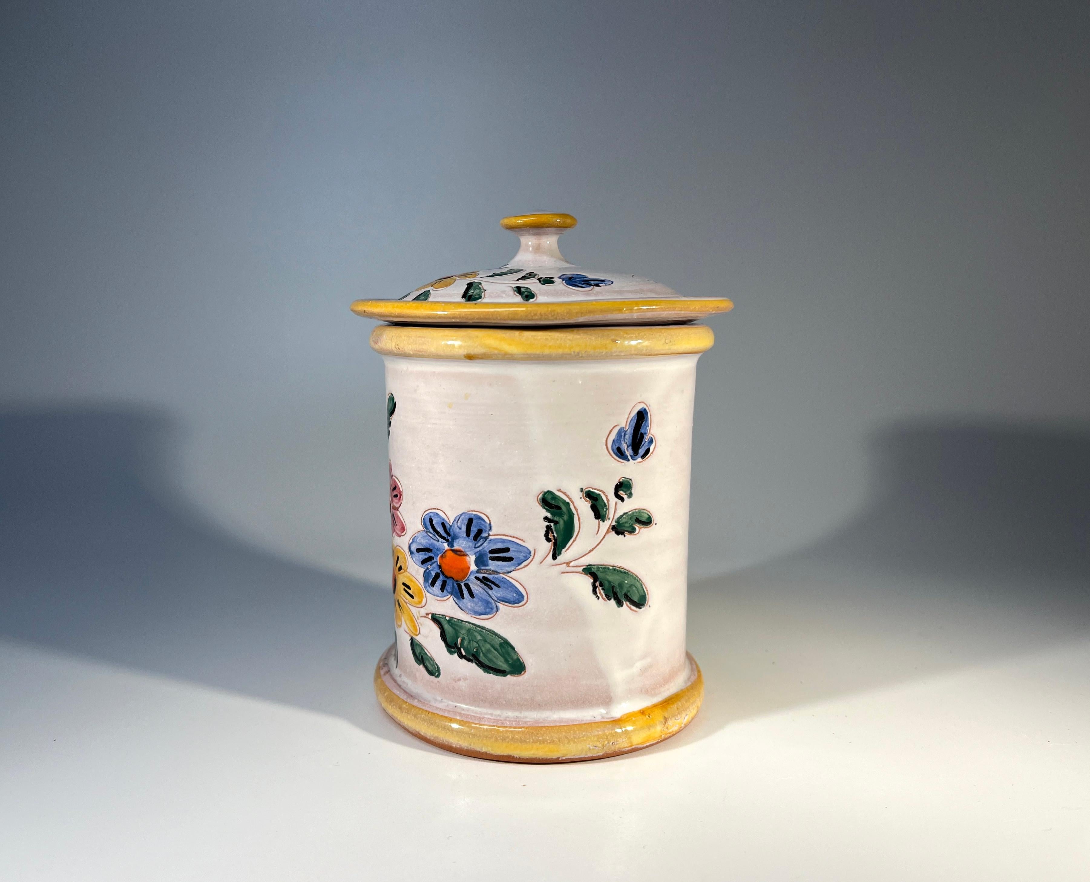 French Provincial, Floral Hand Painted Glazed Ceramic Tobacco Jar By Vallauris In Good Condition For Sale In Rothley, Leicestershire