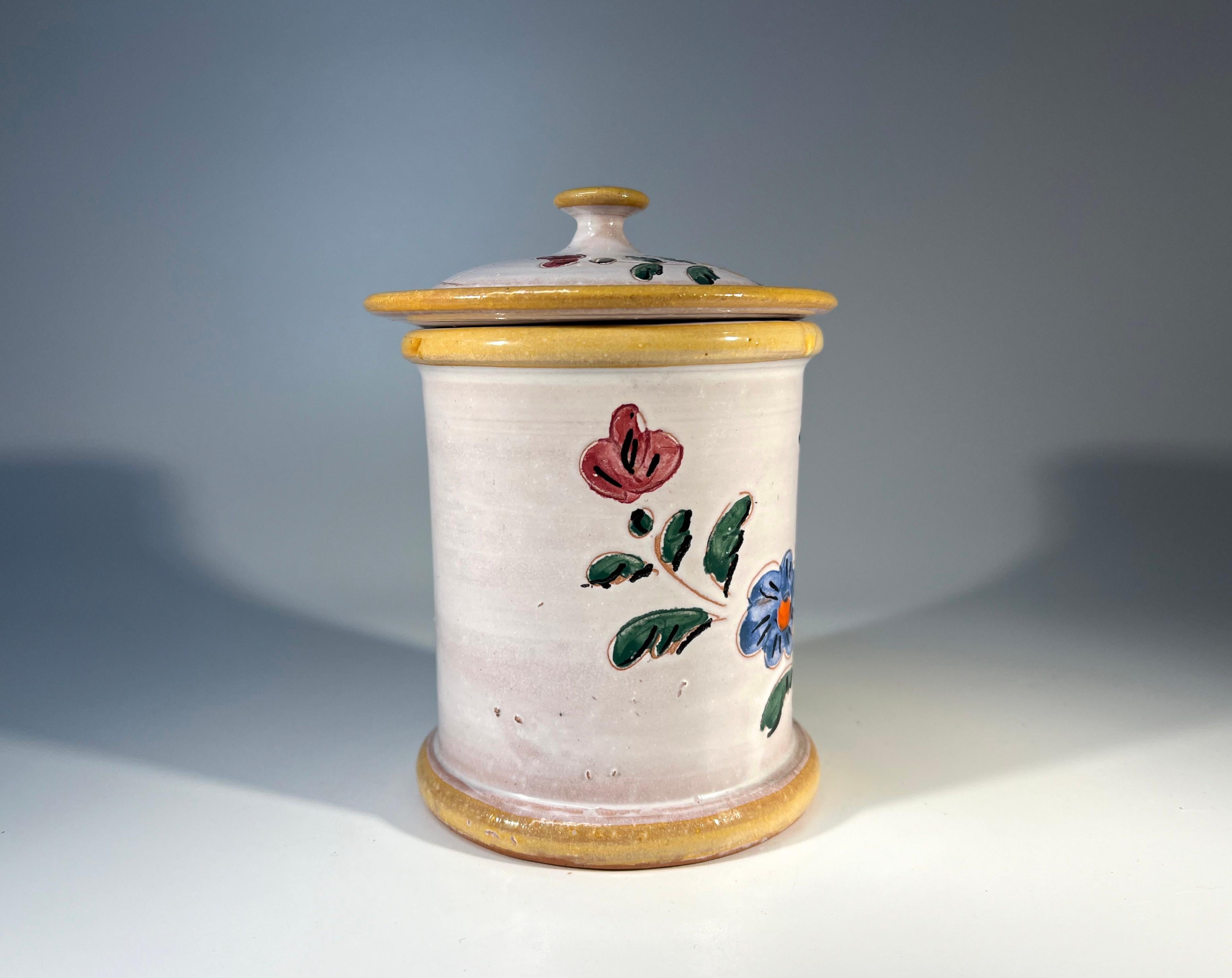 French Provincial, Floral Hand Painted Glazed Ceramic Tobacco Jar By Vallauris For Sale 1