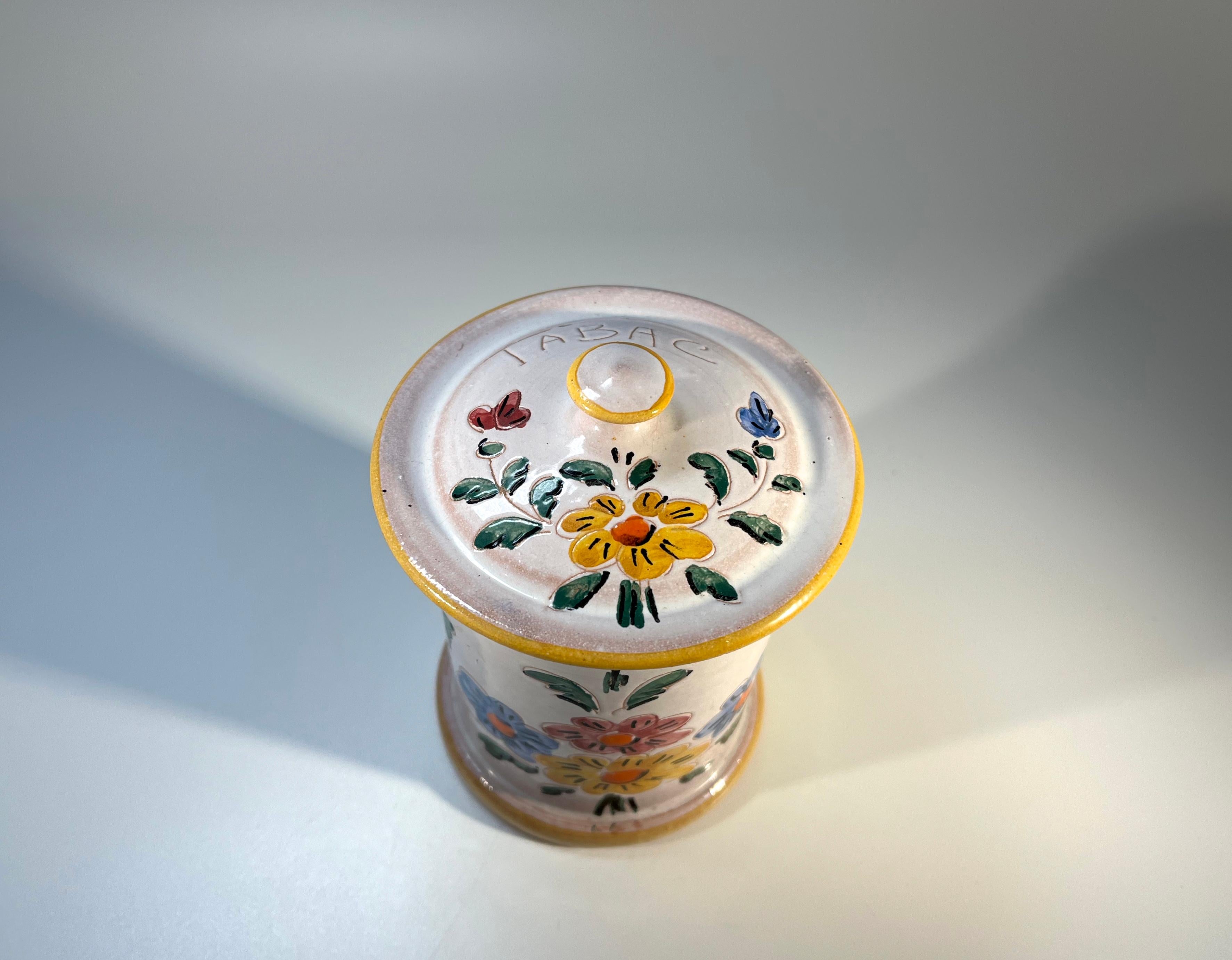 French Provincial, Floral Hand Painted Glazed Ceramic Tobacco Jar By Vallauris For Sale 2