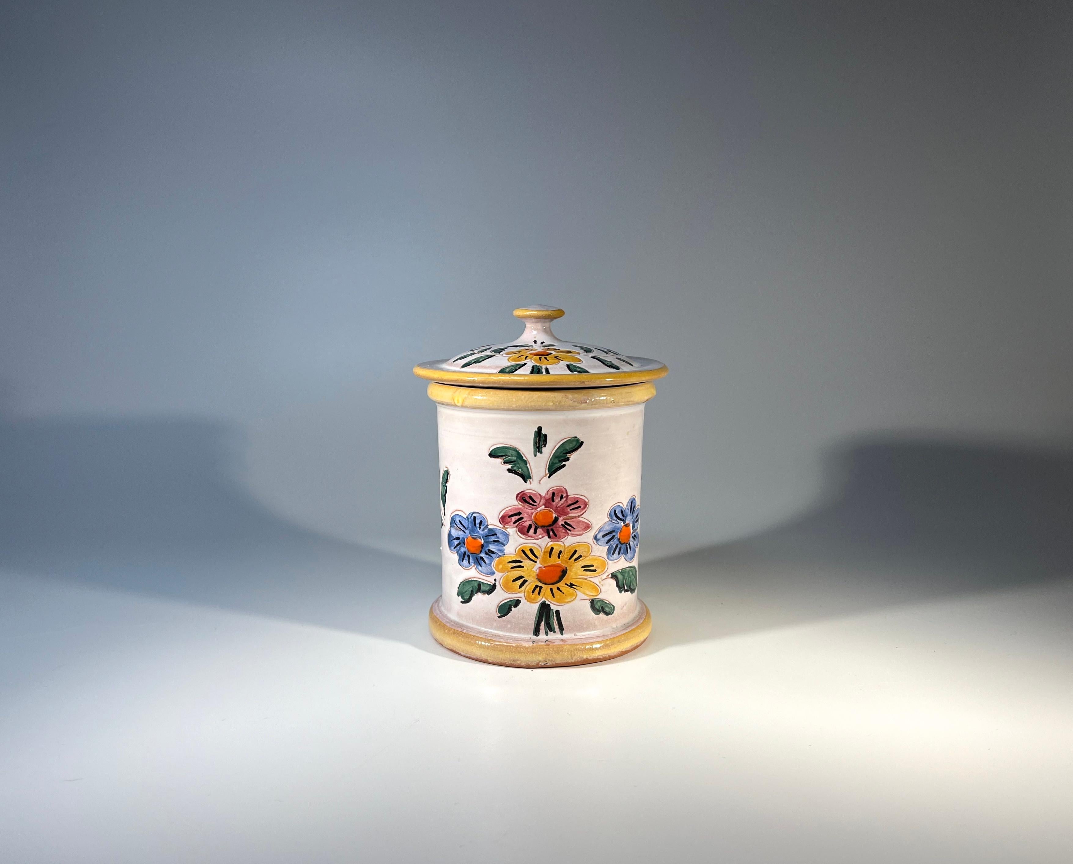 French Provincial, Floral Hand Painted Glazed Ceramic Tobacco Jar By Vallauris For Sale 3