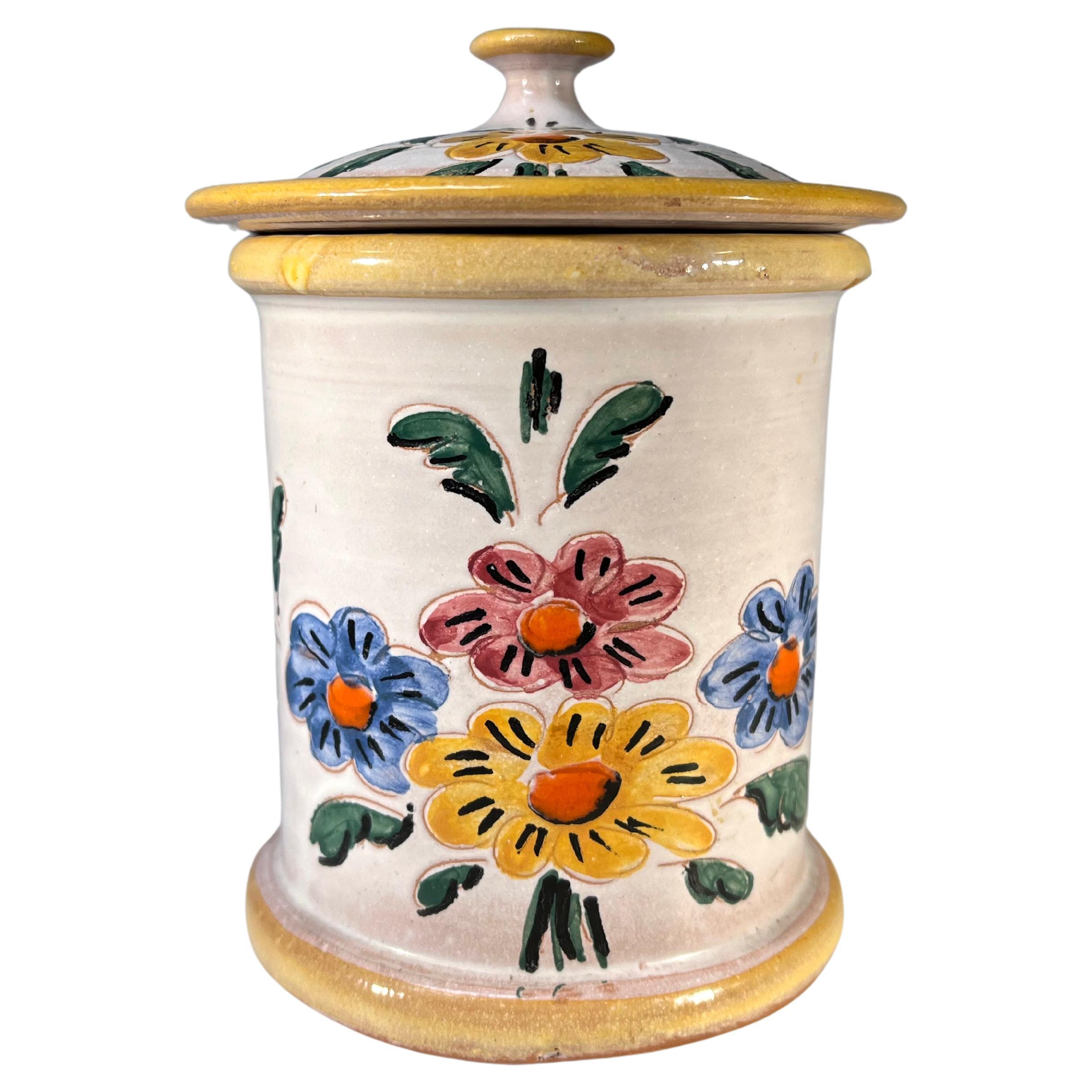 French Provincial, Floral Hand Painted Glazed Ceramic Tobacco Jar By Vallauris For Sale