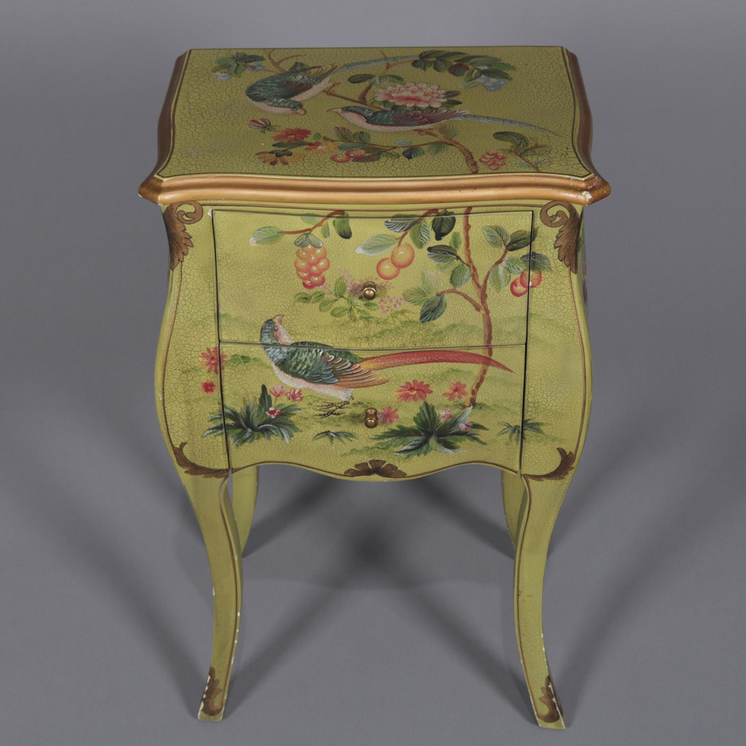 French Provincial Floral Painted and Gilt Bombe Stand with Roses and Pheasant 4