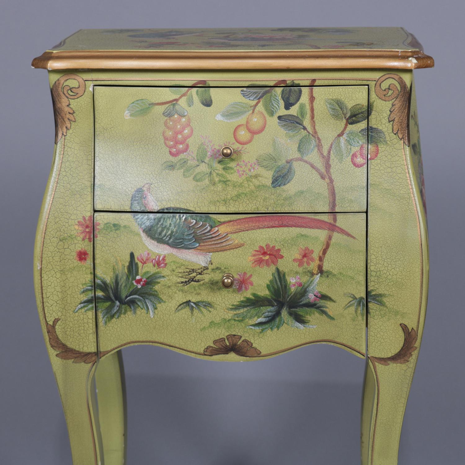 Hand-Painted French Provincial Floral Painted and Gilt Bombe Stand with Roses and Pheasant