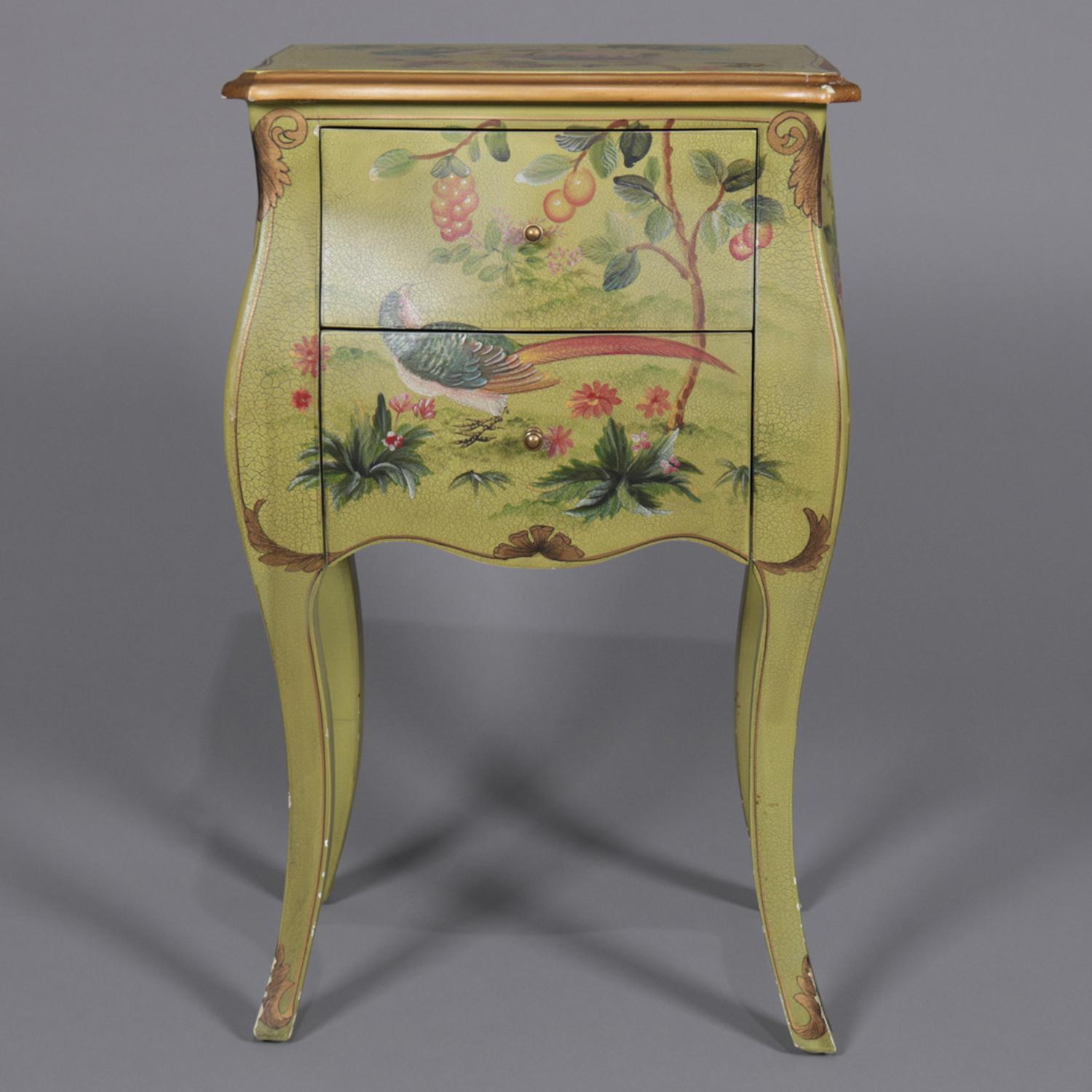 French Provincial Floral Painted and Gilt Bombe Stand with Roses and Pheasant In Good Condition In Big Flats, NY