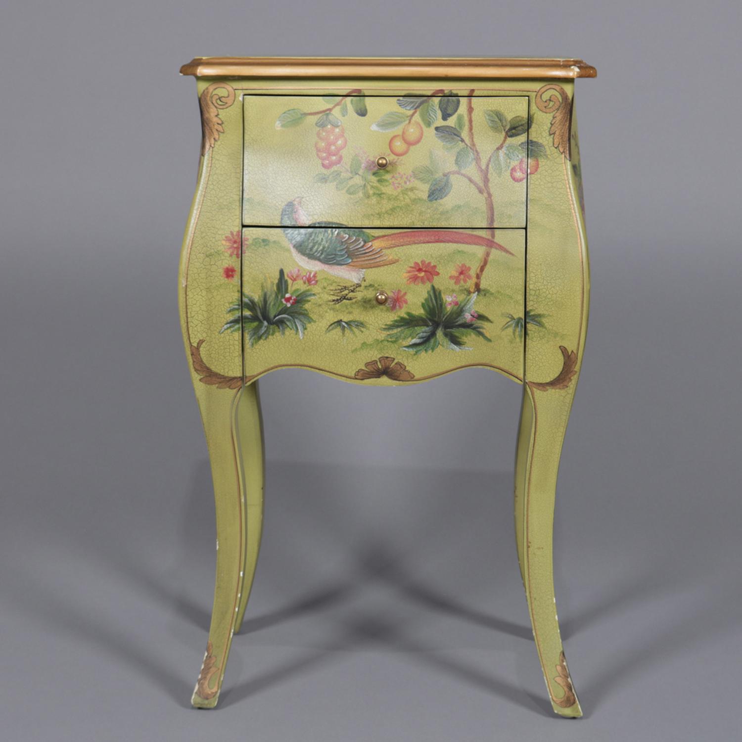 Wood French Provincial Floral Painted and Gilt Bombe Stand with Roses and Pheasant