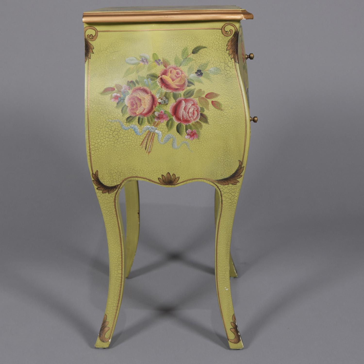 French Provincial Floral Painted and Gilt Bombe Stand with Roses and Pheasant 1