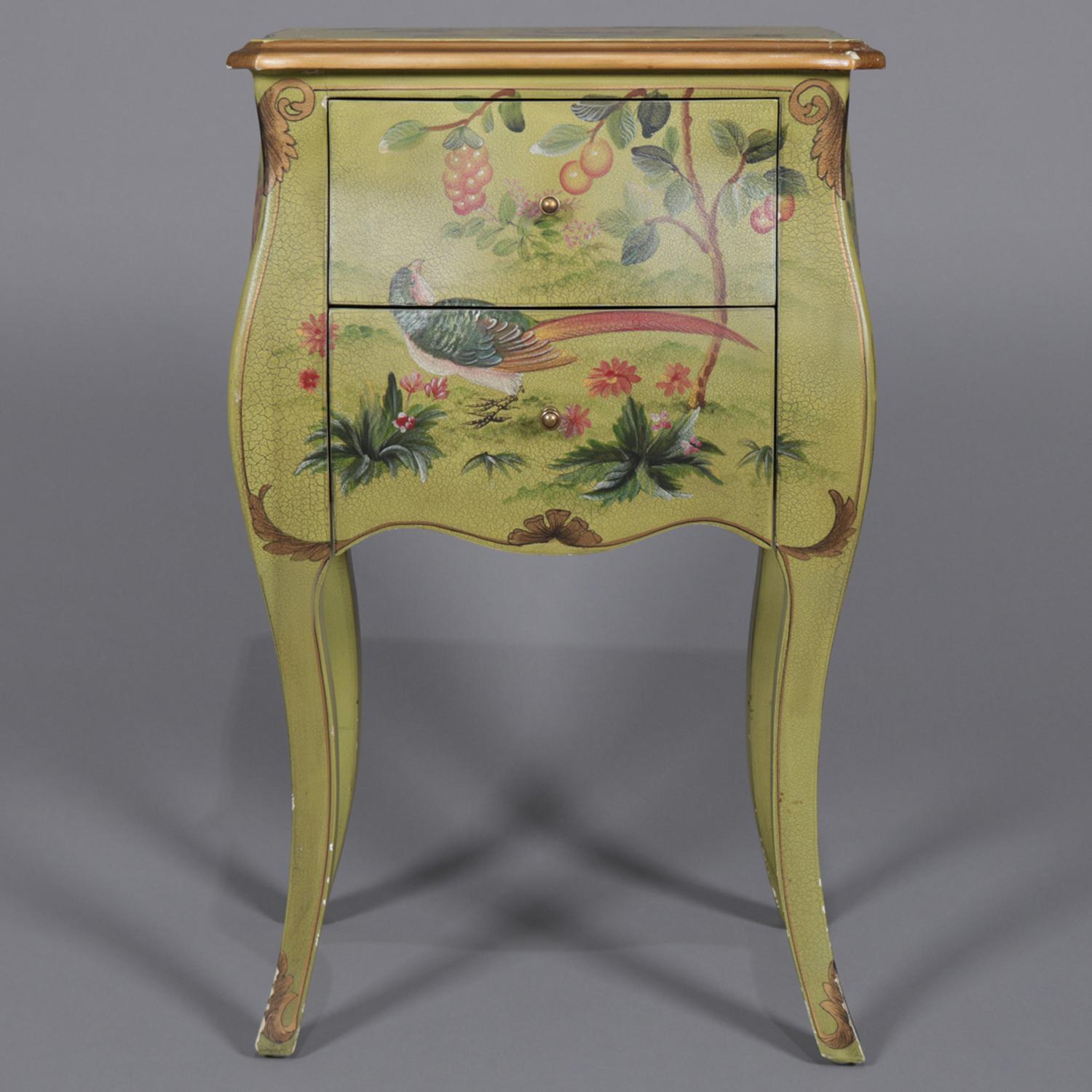 French Provincial Floral Painted and Gilt Bombe Stand with Roses and Pheasant 2