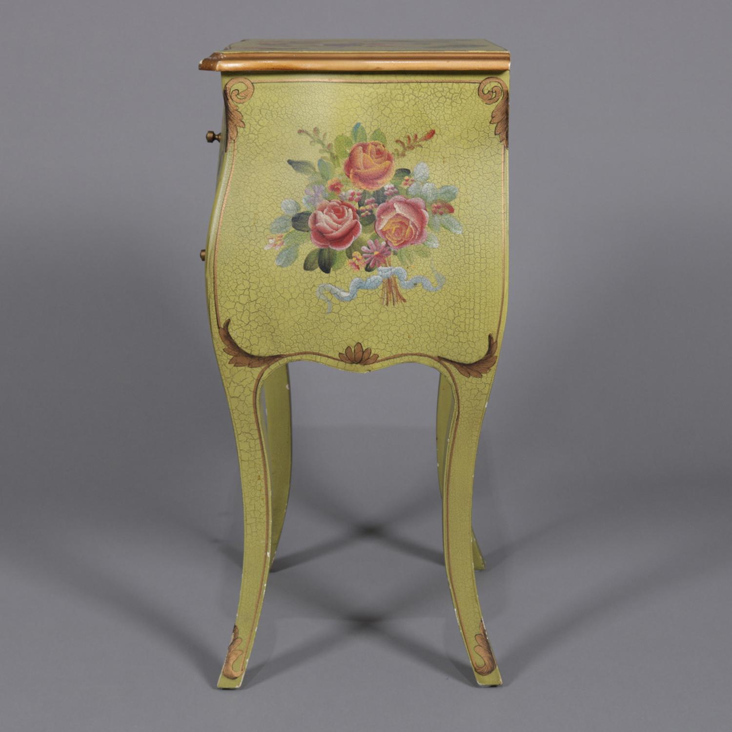 French Provincial Floral Painted and Gilt Bombe Stand with Roses and Pheasant 3
