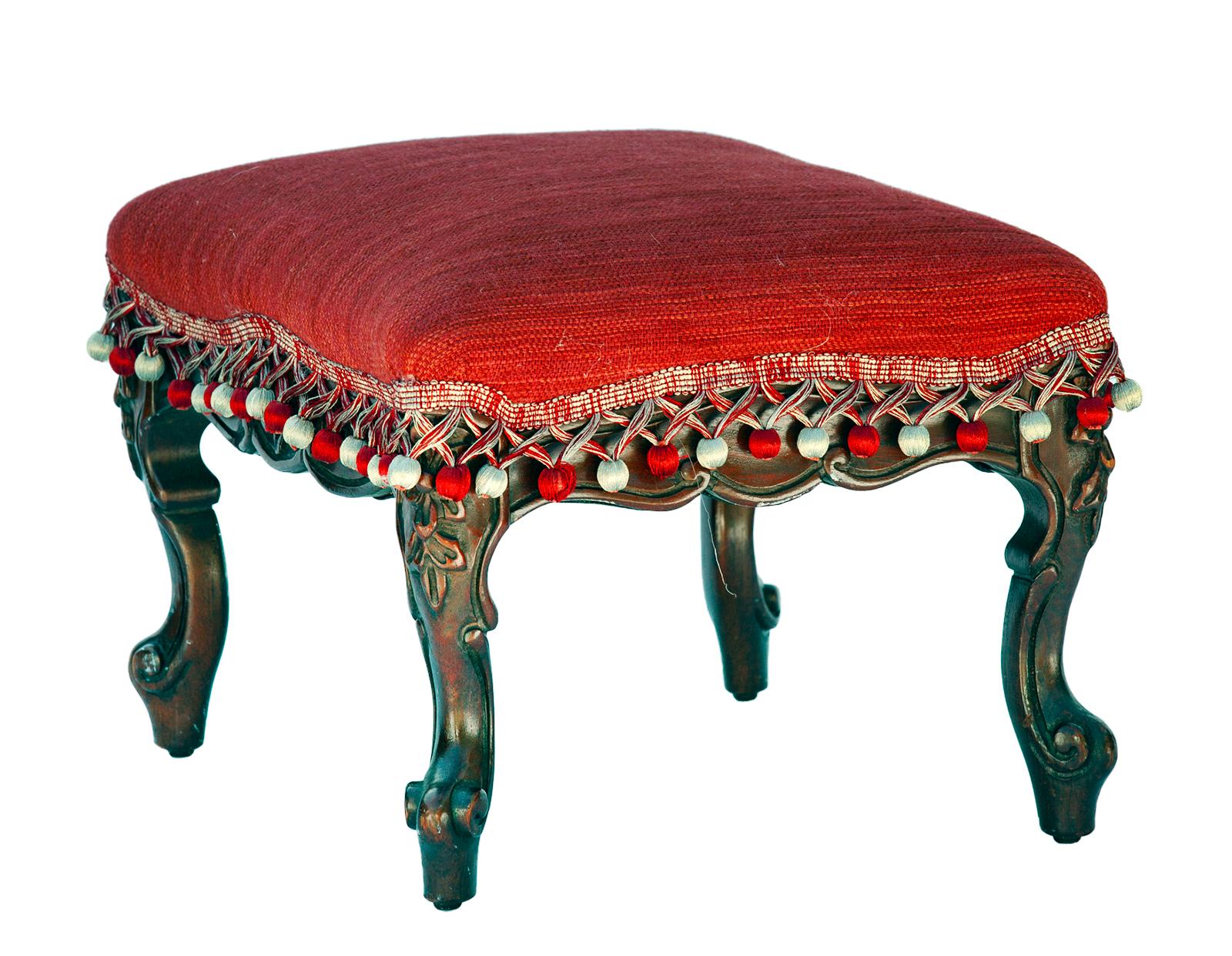 Hand-Carved French Provincial Footstool in Red Linen / Pompoms Hand carved Walnut Base
