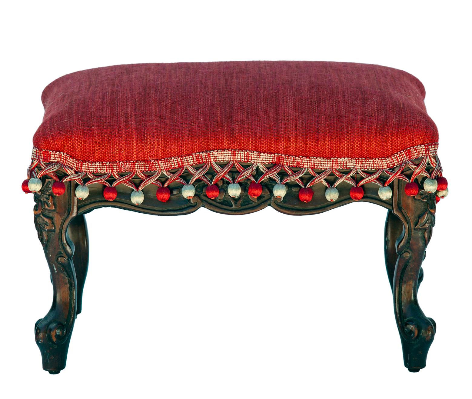 19th Century French Provincial Footstool in Red Linen / Pompoms Hand carved Walnut Base