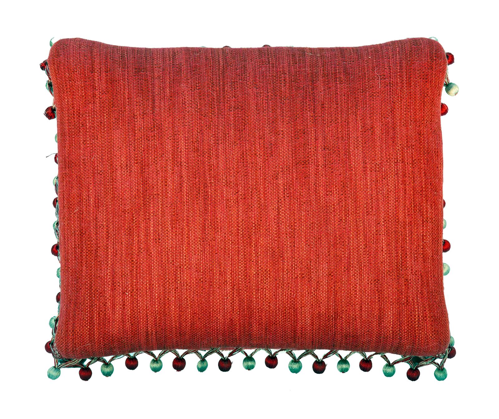French Provincial Footstool in Red Linen / Pompoms Hand carved Walnut Base 1