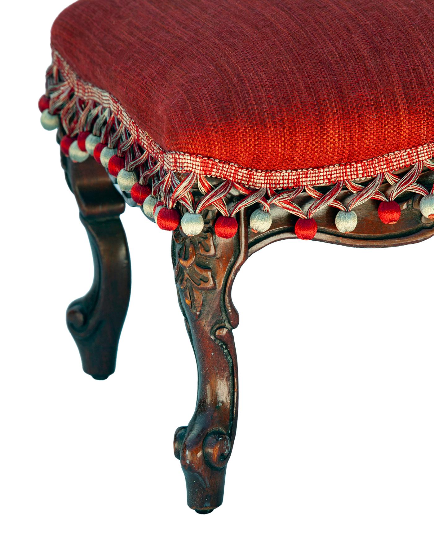 French Provincial Footstool in Red Linen / Pompoms Hand carved Walnut Base 3