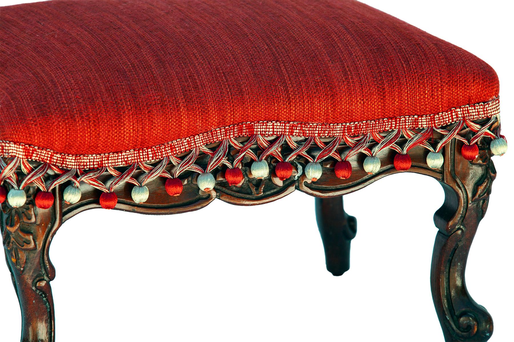 French Provincial Footstool in Red Linen / Pompoms Hand carved Walnut Base 4
