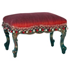 French Provincial Footstool in Red Linen / PomPoms Handcarved Walnut Base