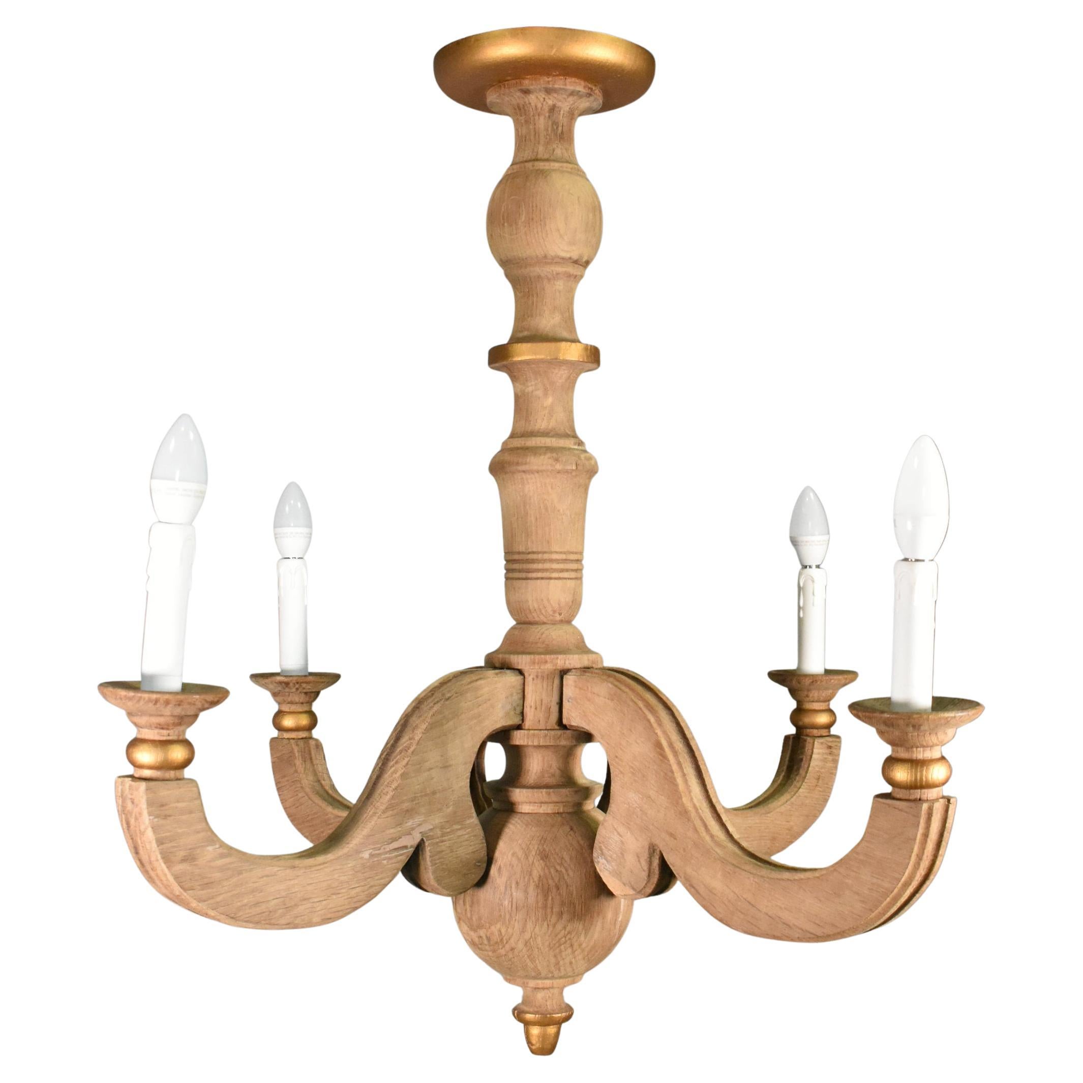 French Provincial Four Arm Chandelier in Solid Oak For Sale