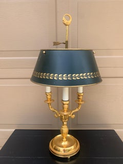 French Provincial Gilt Brass Bouillotte Lamp With Stenciled Black Tole Shade