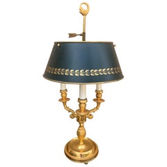 French Provincial Gilt Brass Bouillotte Lamp With Stenciled Black Tole Shade