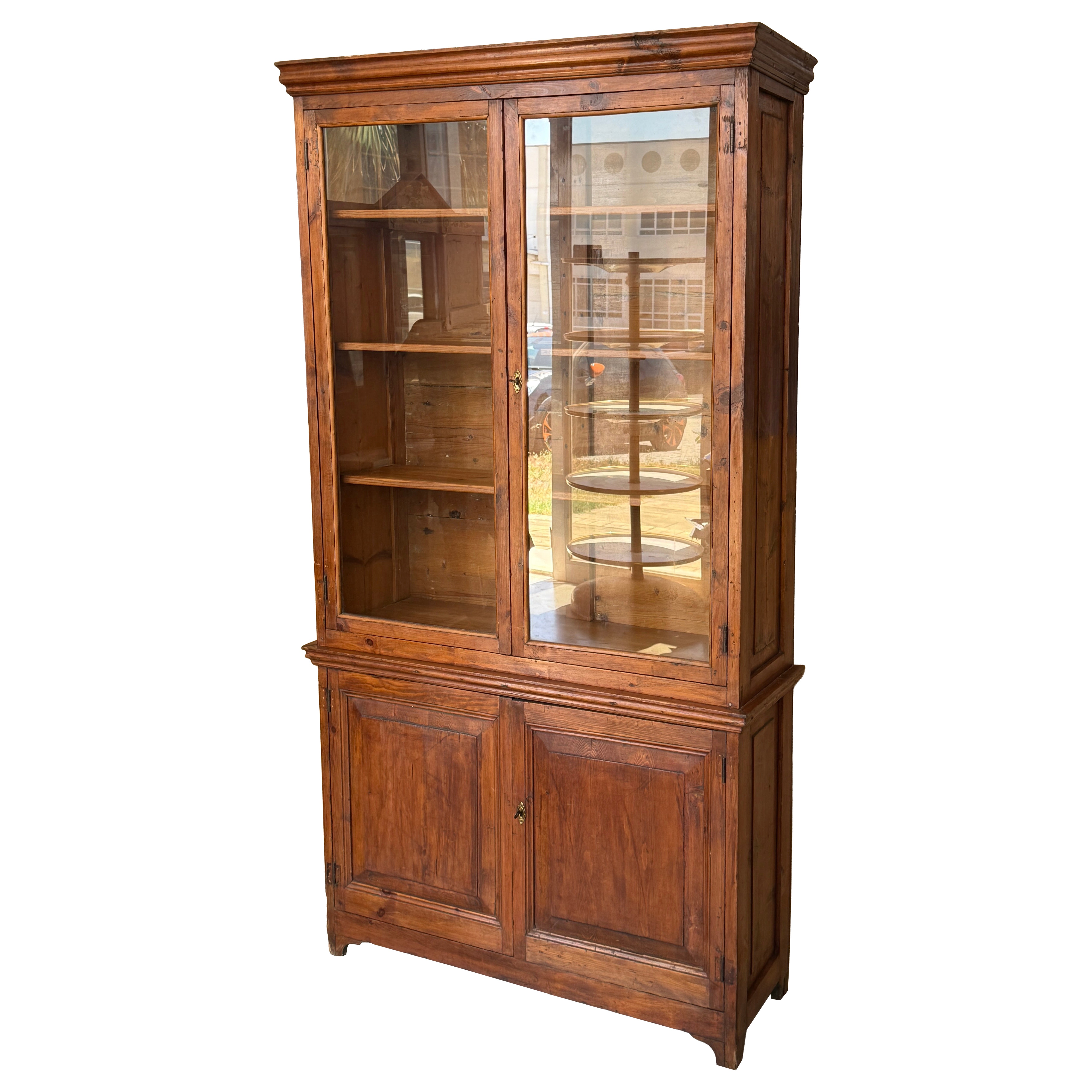 French Provincial Glass Front Cabinet with Lower Storage and Three Shelves