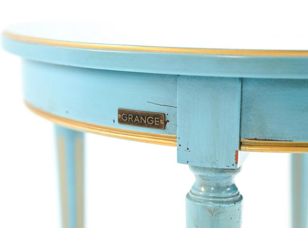 Polychromed French Provincial Grange Petite French Blue Gold-Leafed Side Table, Fluted Legs