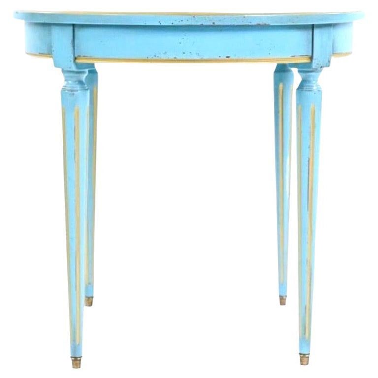 French Provincial Grange Petite French Blue Gold-Leafed Side Table, Fluted Legs For Sale