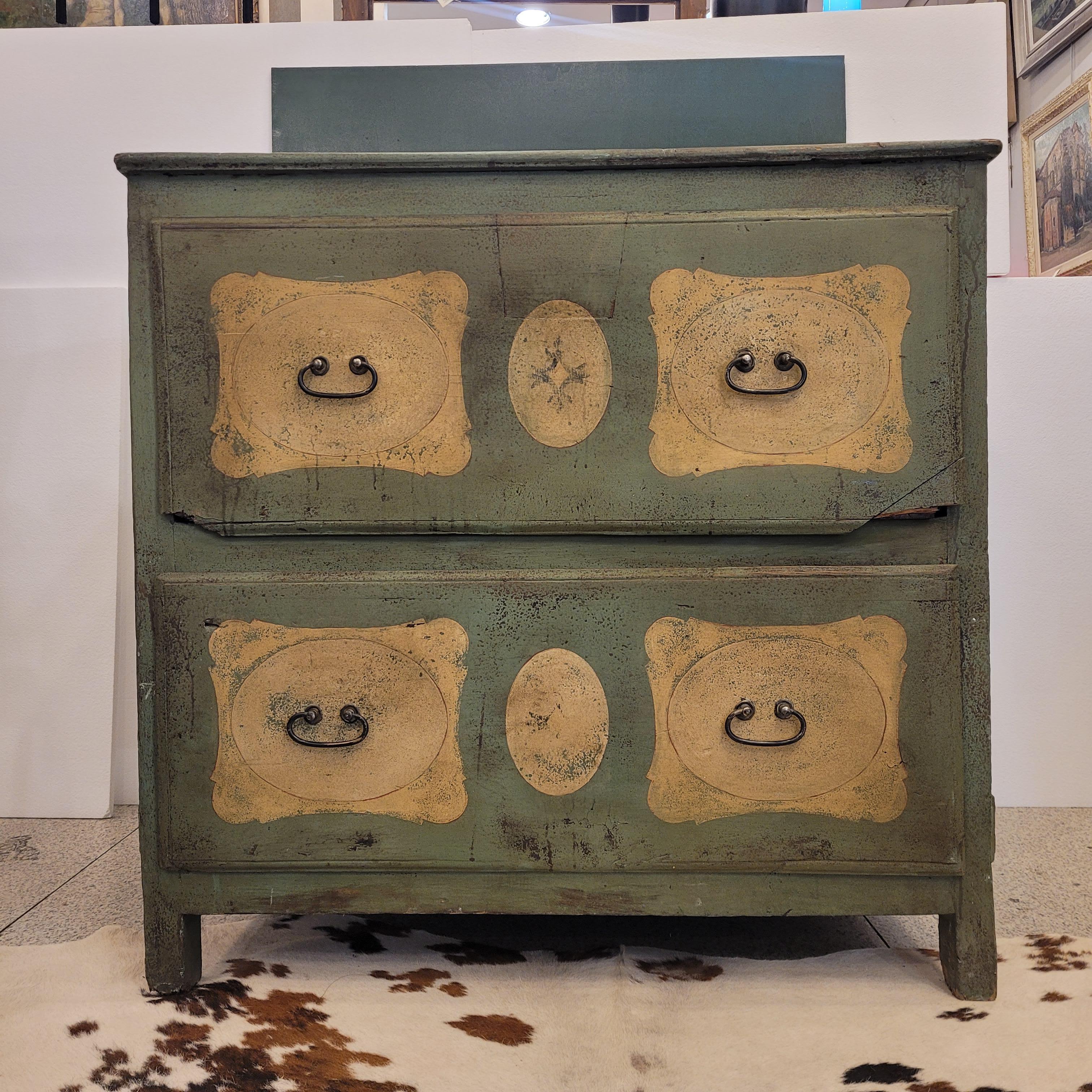 Hand-Crafted French Provincial green  Beige Commode Chest of drawers For Sale