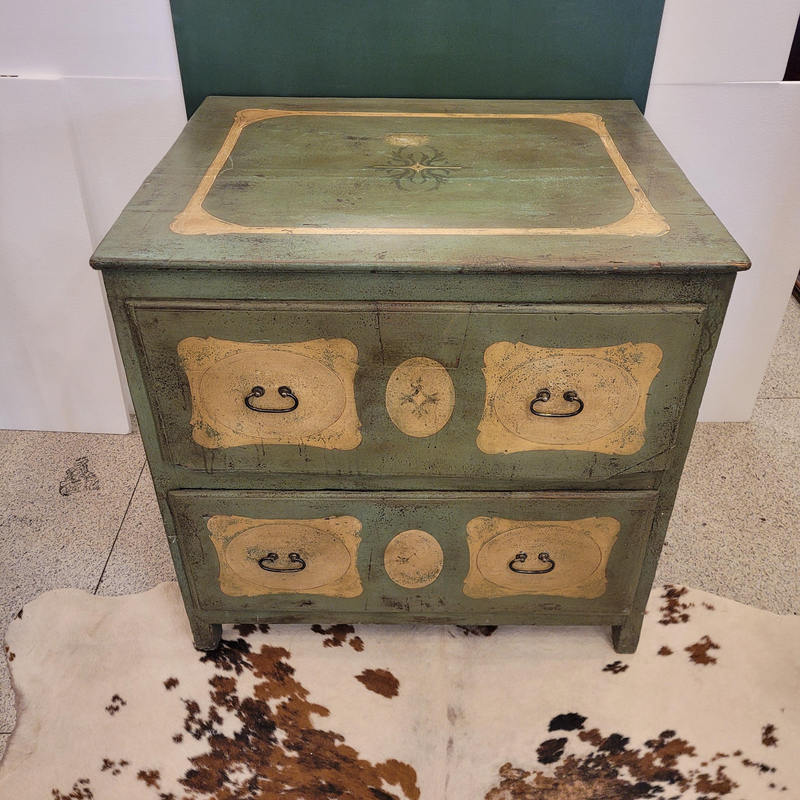 Late 18th Century French Provincial green  Beige Commode Chest of drawers For Sale