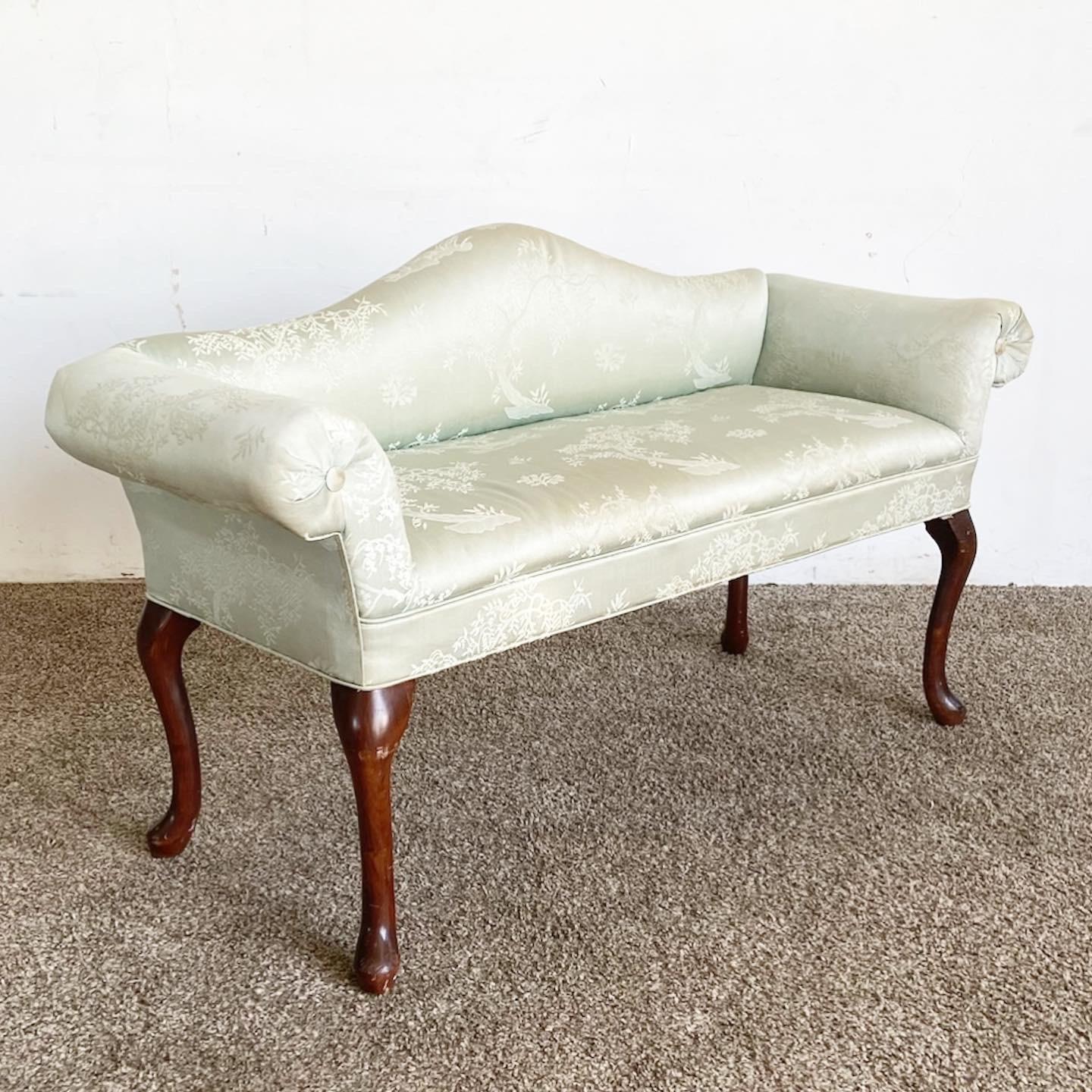 Experience classic elegance with our French Provincial Green Fabric Bench/Settee, blending soft upholstery with a timeless design for a sophisticated seating solution.

Features soft, plush upholstery in a soothing green tone for an elegant