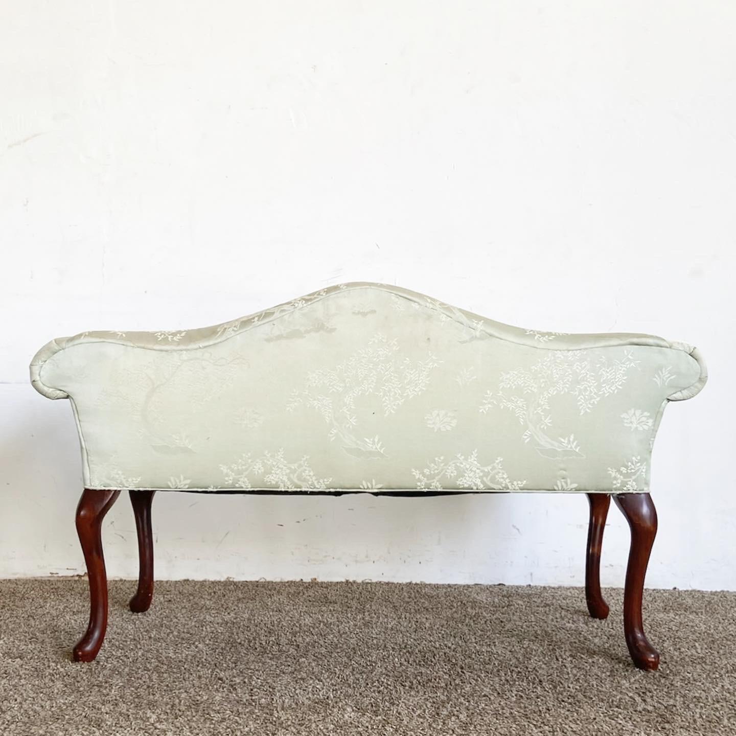 French Provincial Green Fabric Bench/Settee With Wooden Legs In Good Condition In Delray Beach, FL