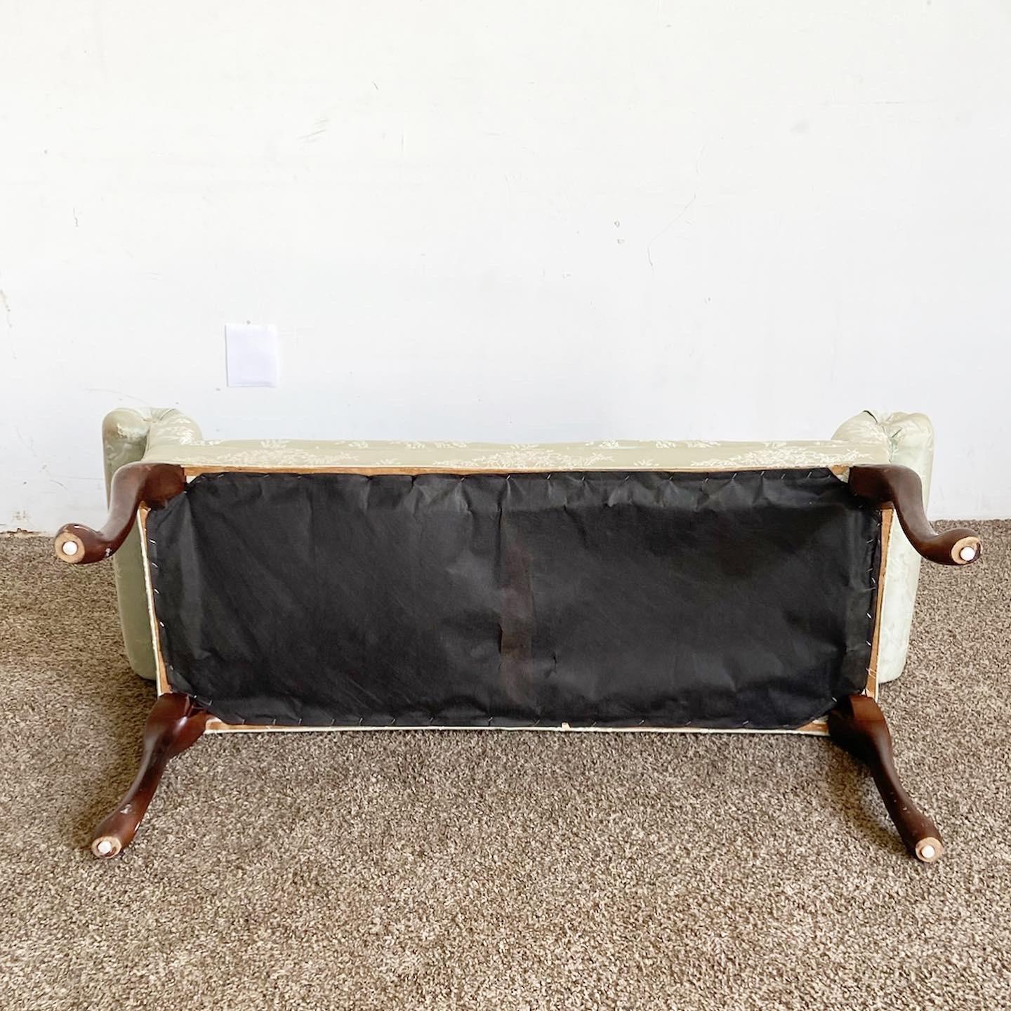 Late 20th Century French Provincial Green Fabric Bench/Settee With Wooden Legs