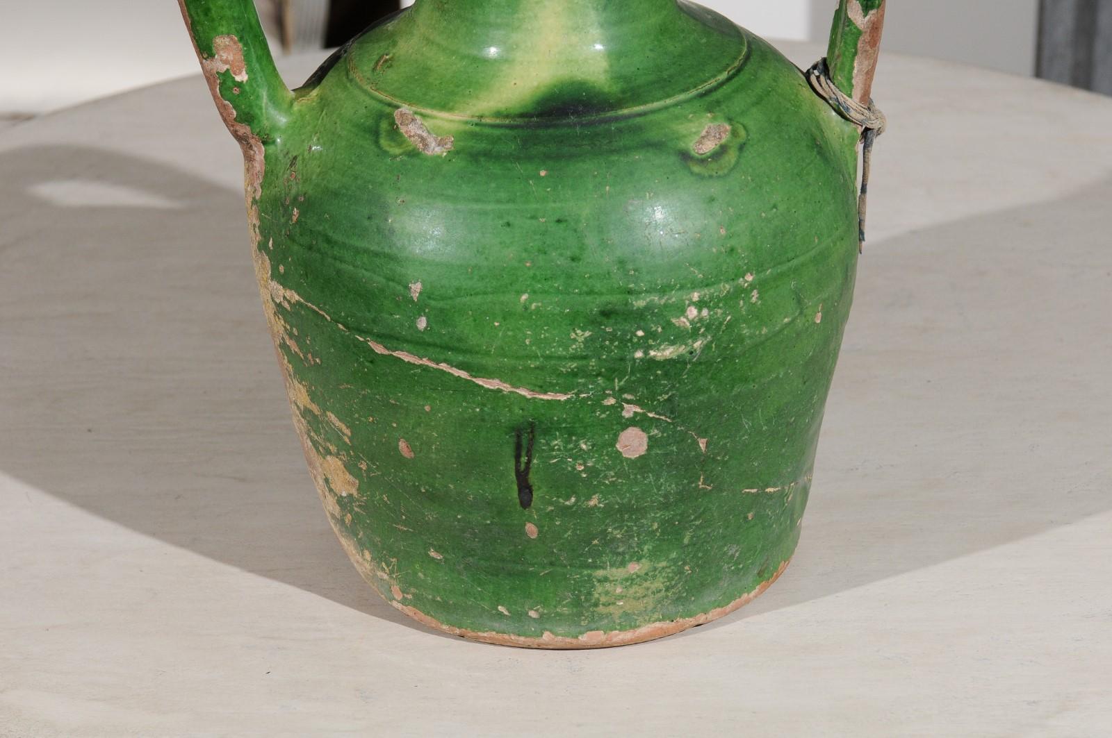 French Provincial Green Glazed Olive Oil Two-Handled Jug Pottery, circa 1850 2
