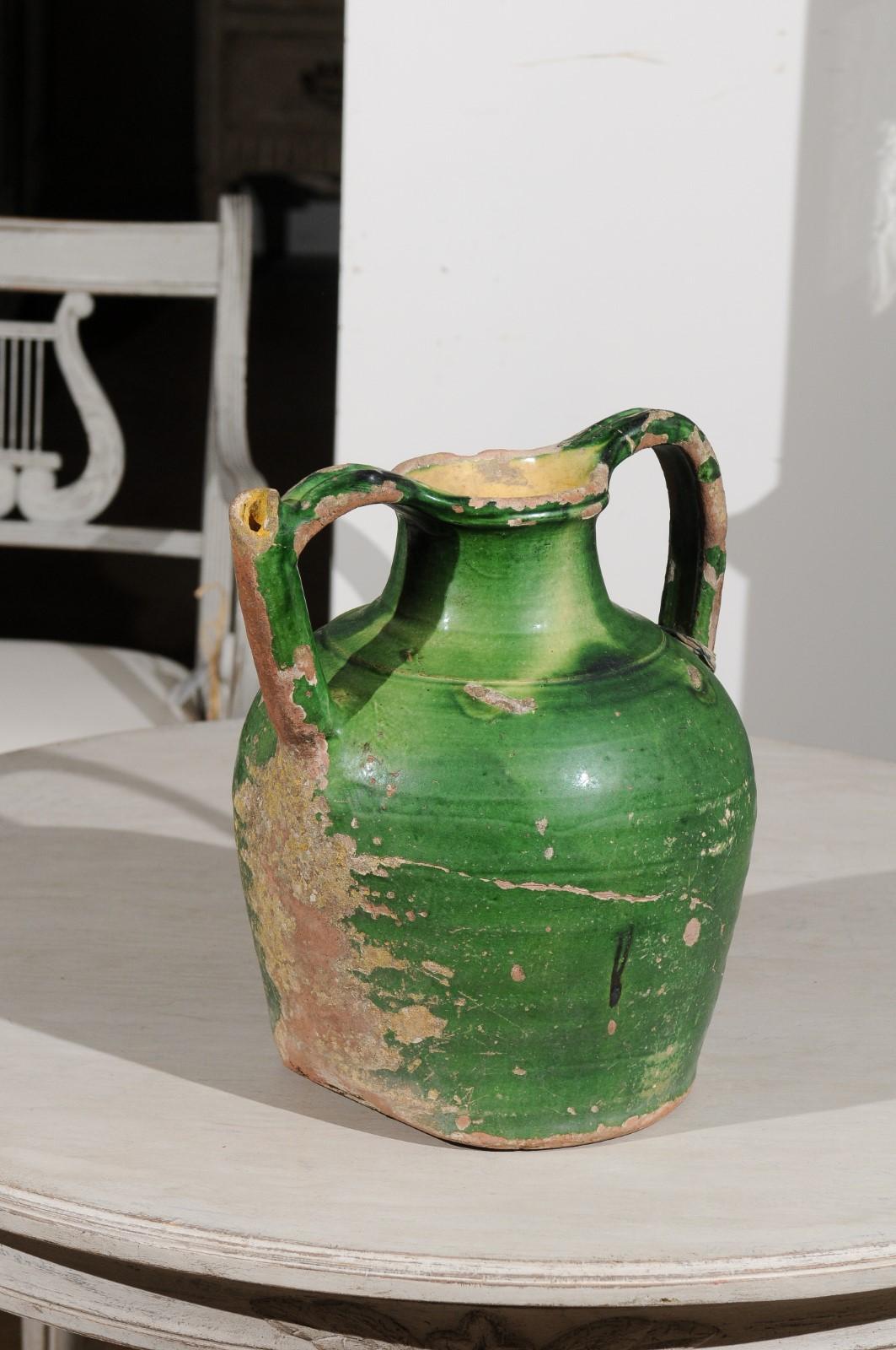 French Provincial Green Glazed Olive Oil Two-Handled Jug Pottery, circa 1850 3