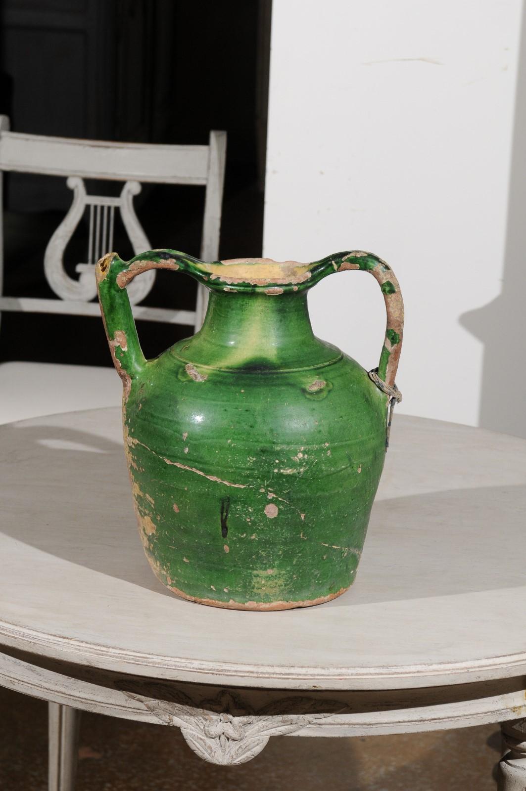 19th Century French Provincial Green Glazed Olive Oil Two-Handled Jug Pottery, circa 1850