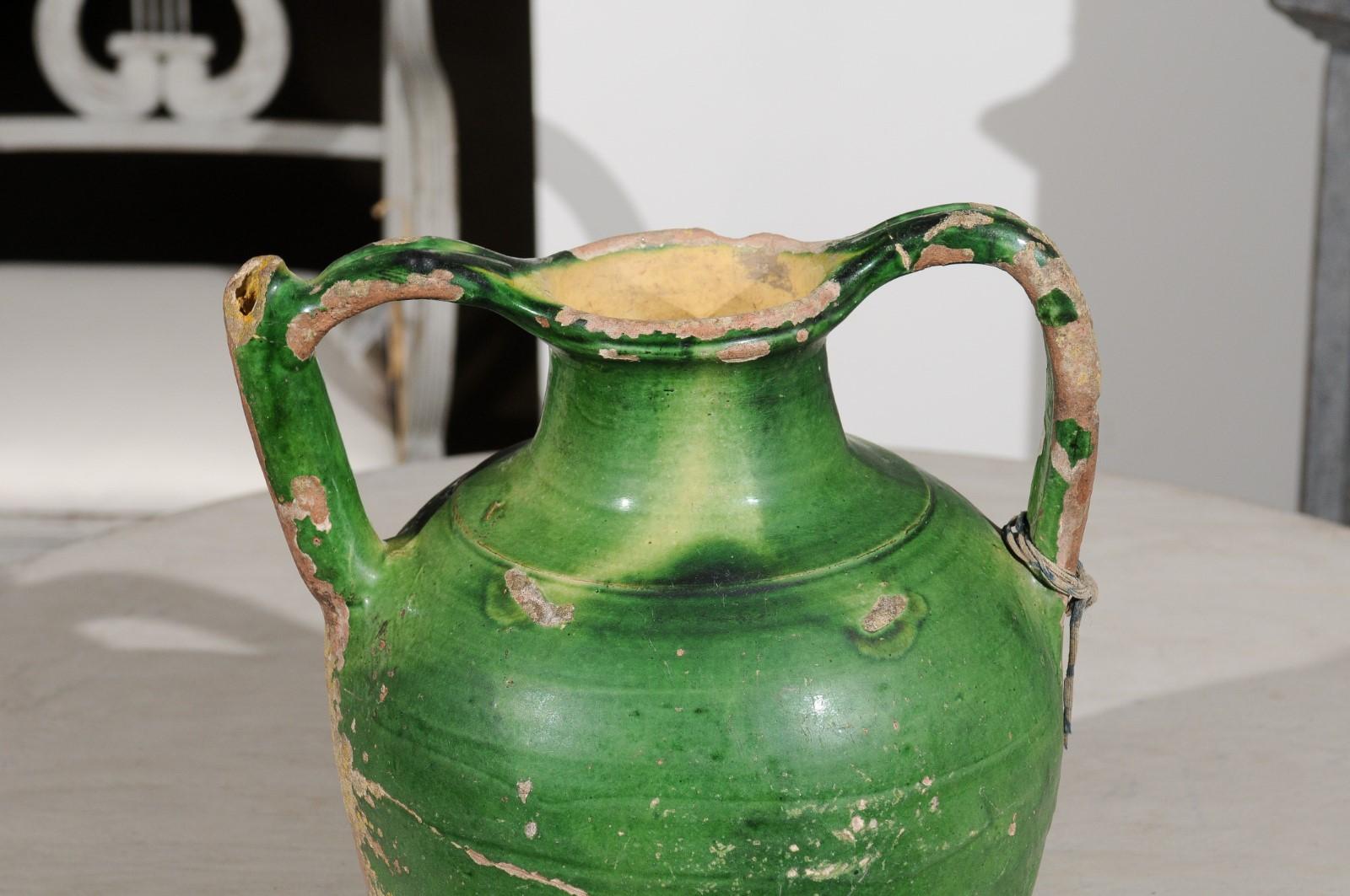 French Provincial Green Glazed Olive Oil Two-Handled Jug Pottery, circa 1850 1