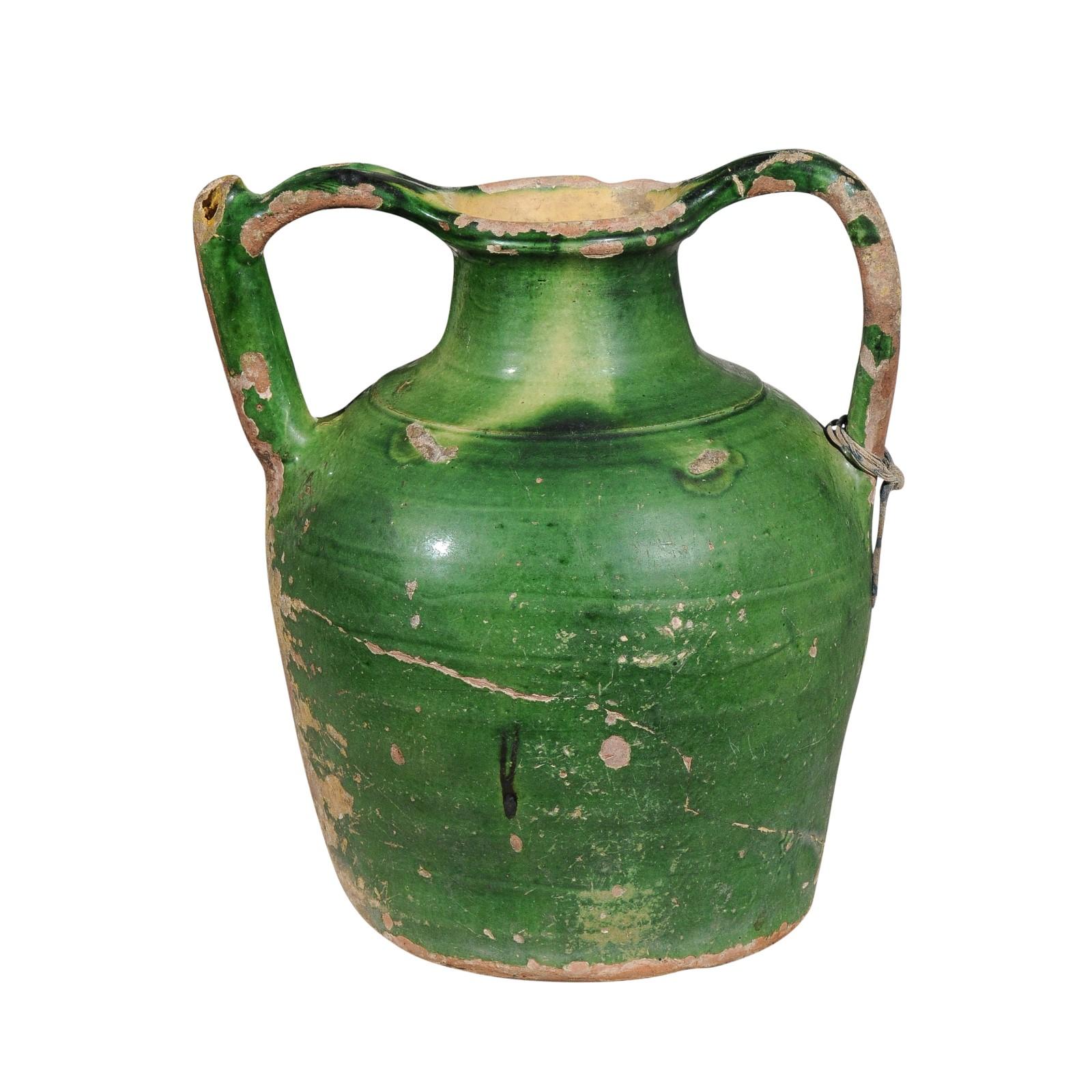 French Provincial Green Glazed Olive Oil Two-Handled Jug Pottery, circa 1850