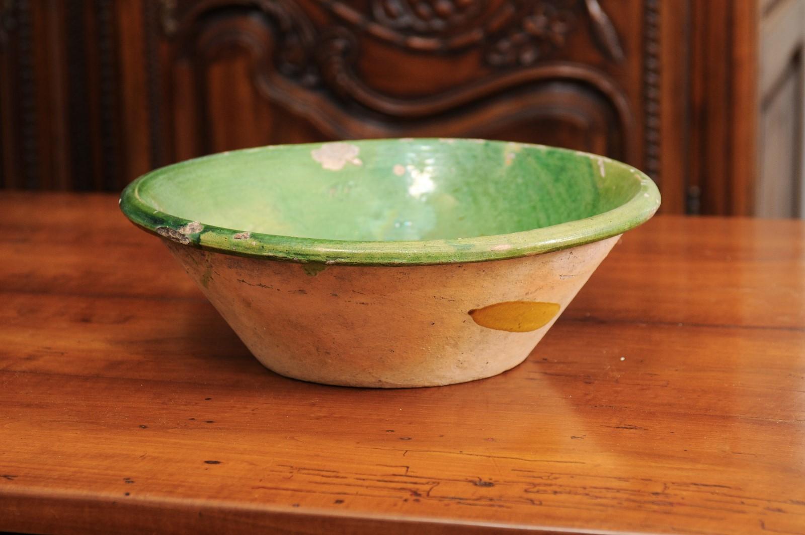 19th Century French Provincial Green Glazed Pottery Bowl with Unfinished Belly, circa 1850